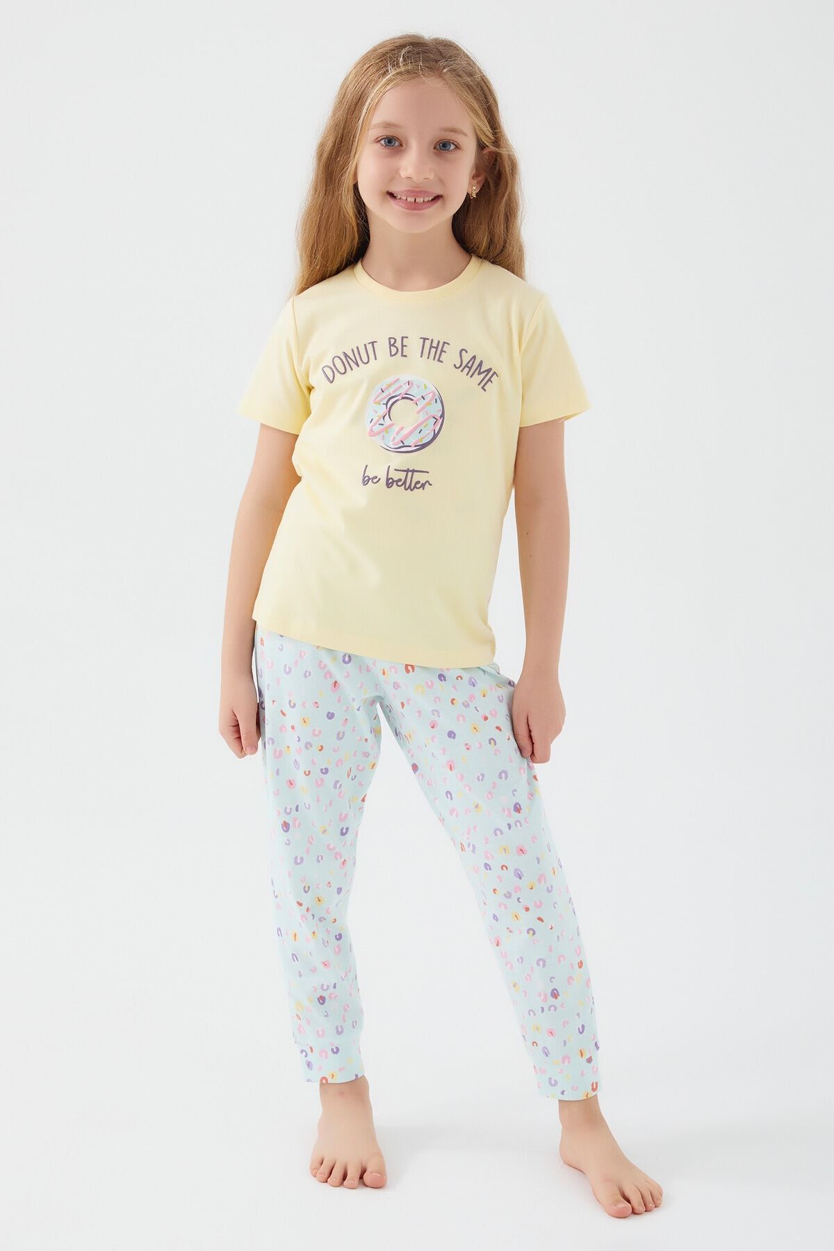 Rolypoly Rolypoly Donut Pattern Açık Sarı Kız Çocuk Kısa Kol Pijama Takım