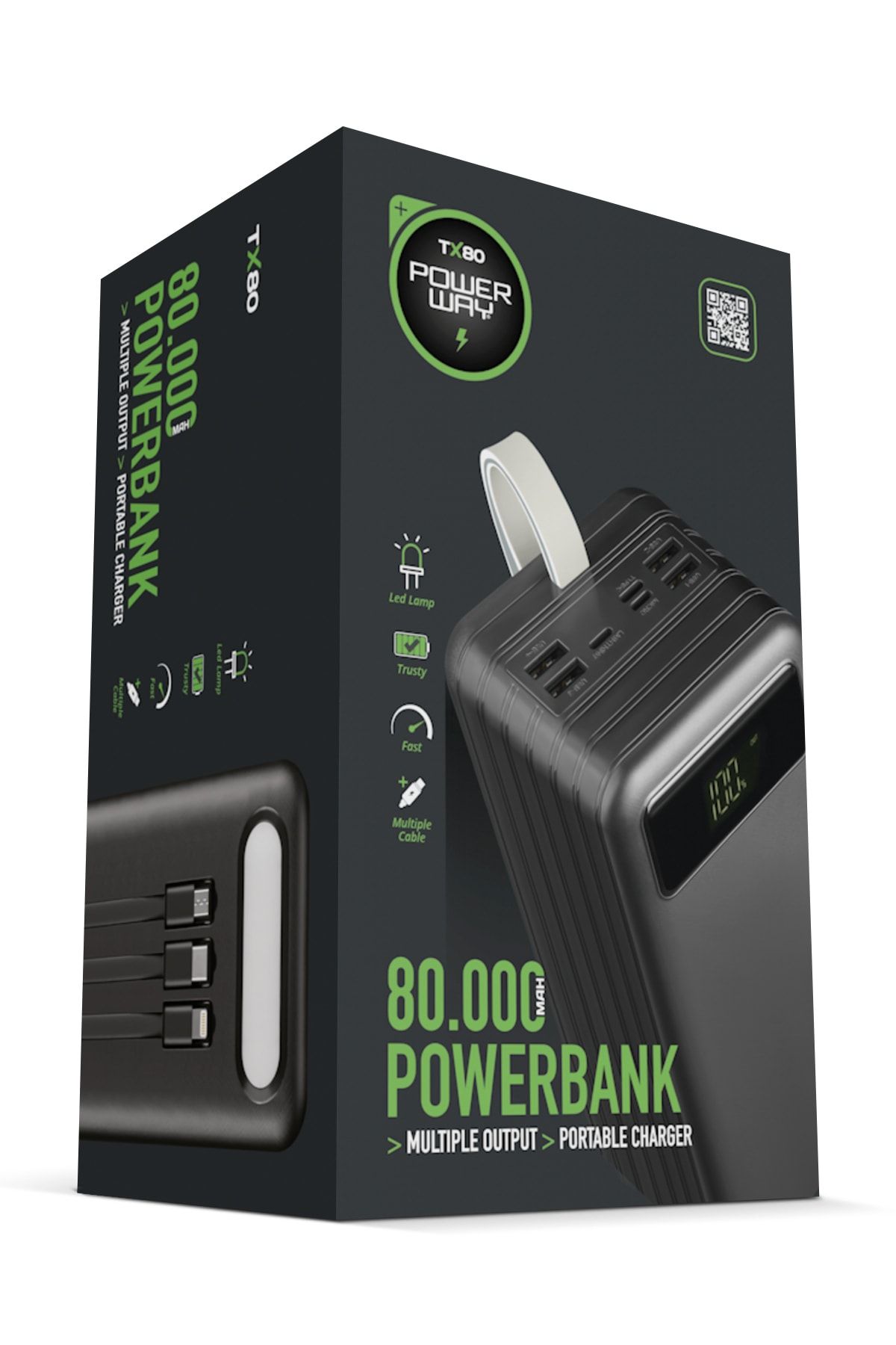 Powerway 80.000 Mah Kablolu Dijital Göstergeli Gerçek 80.000 Mah Garantili Işıklı Kamp Tx80 Siyah Powerbank