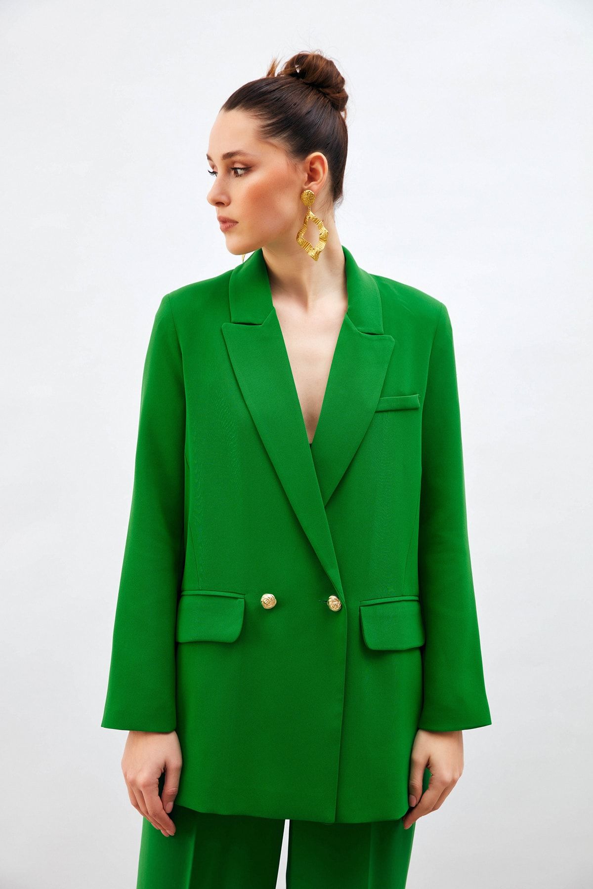 Sateen Düğme Detaylı Salaş Ceket - Yeşil
