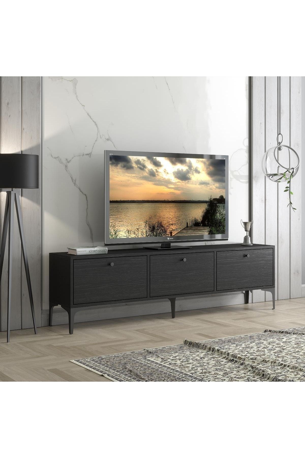 Wood'n Love Etna Premium Bakır Metal Ayaklı Dolaplı 160 Cm Tv Ünitesi - Wood Siyah / Siyah