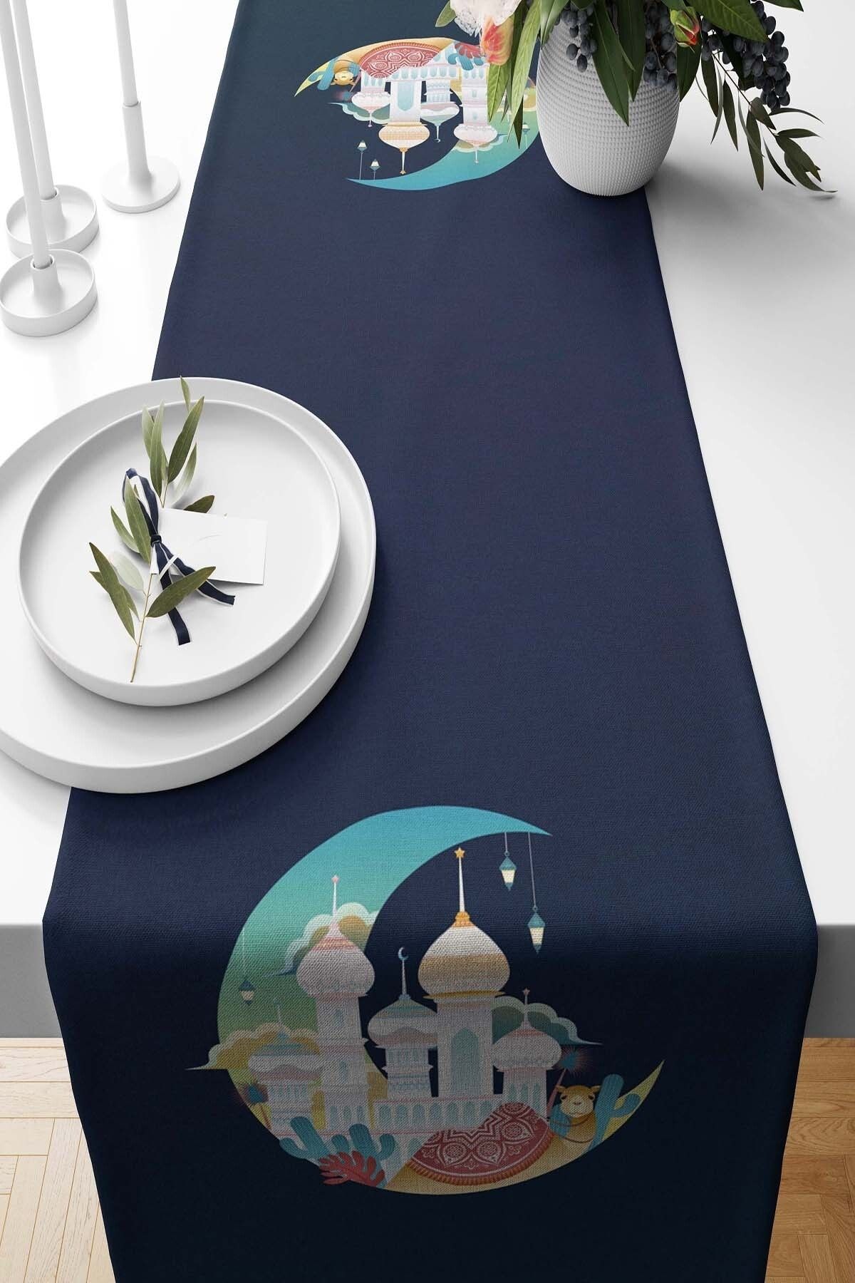 Pilloveland Runner Ramazan Night Desenli Süet Dokuma 140*40 Cm Ramadan Kareem