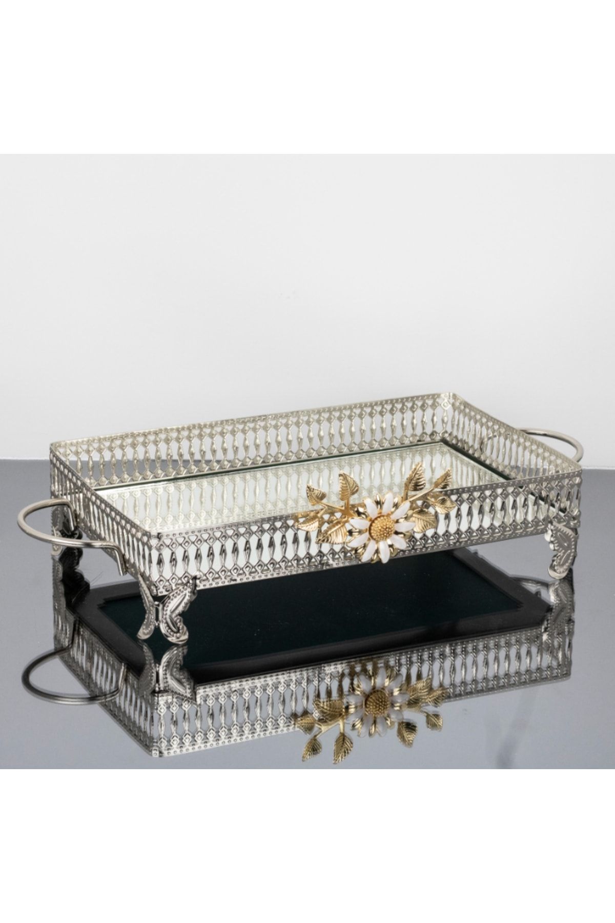 İnova Home Decor Firuze Çiçek Detaylı Gold - Gümüş Aynalı Sunum - Tepsisi - Çay Tepsisi 32 X 19 Cm - Orta Boy