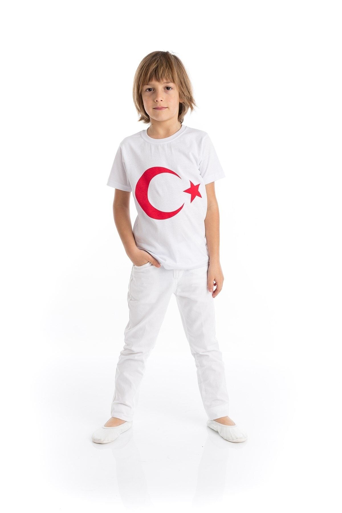 Tameris Kostüm Erkek Çocuk Beyaz Ay Yıldızlı Tişört Pantolon Takım - 23 Nisan Kıyafetleri