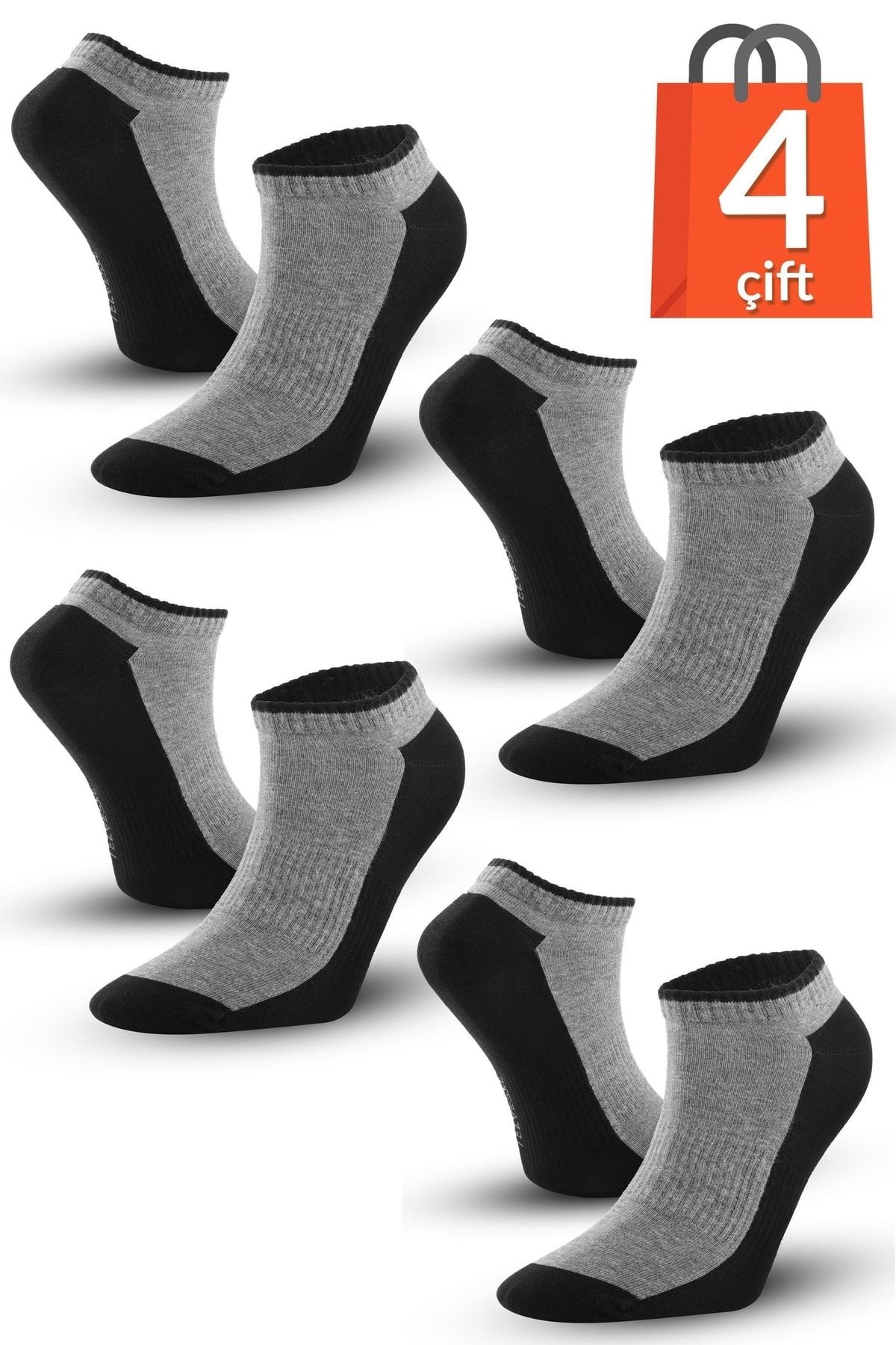 Telvesse 4 Çift Marcher Dikişsiz Patik Çorap Spor Kısa Çift Renkli Kısa Konç Spor Çorabı Siyah-gri