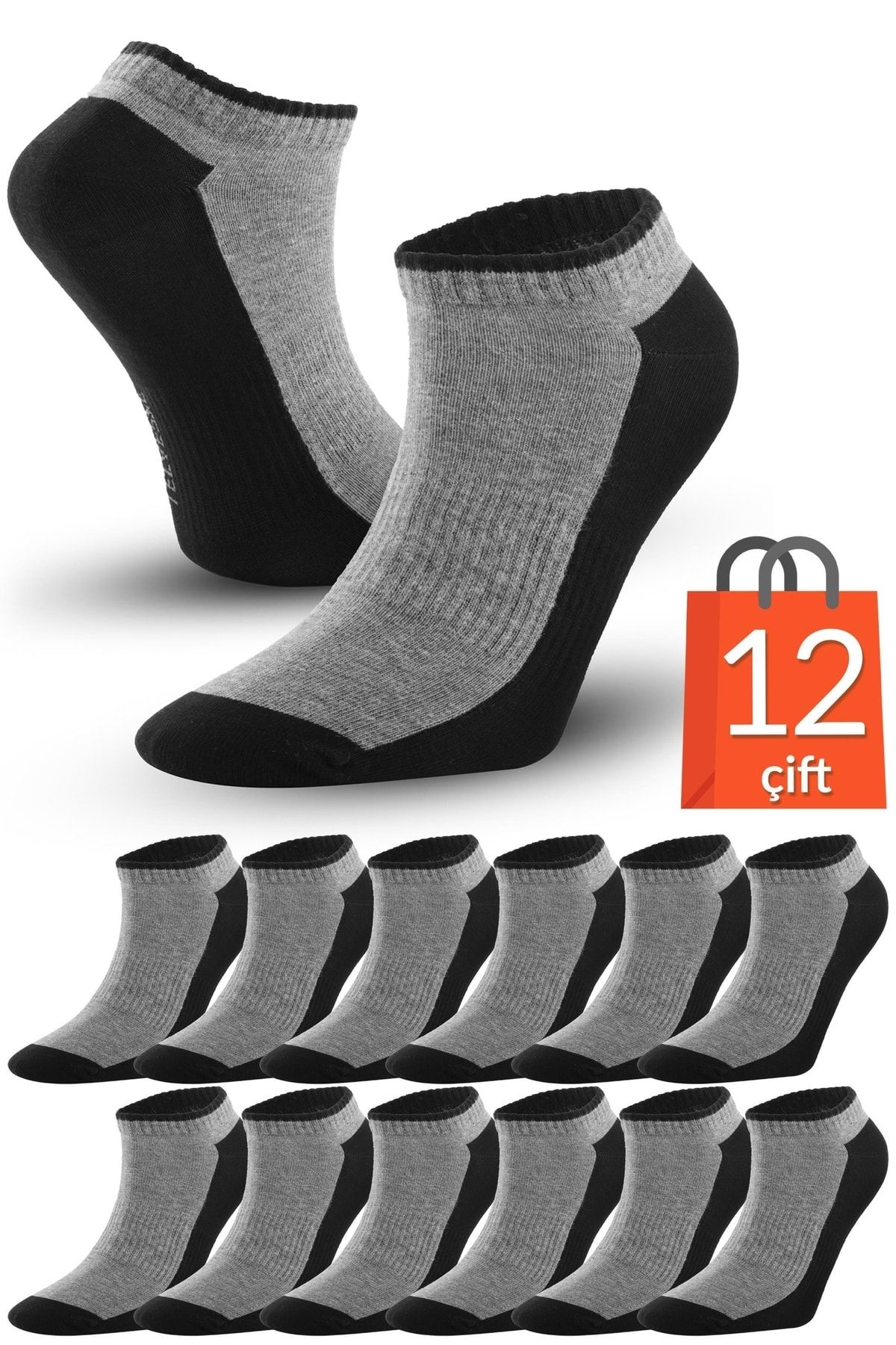 Telvesse 12 Çift Marcher Dikişsiz Patik Çorap Spor Kısa Çift Renkli Kısa Konç Spor Çorabı Siyah-gri