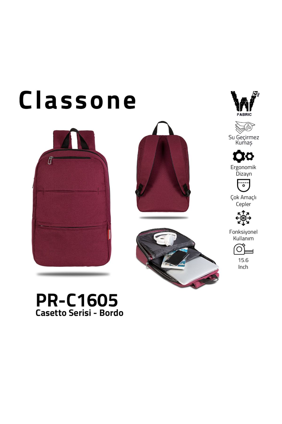Classone PR-C1605 Casetto Serisi WTXPro,Su Geçirmez Kumaş  15.6"  Notebook, Laptop Sırt Çantası - Bordo