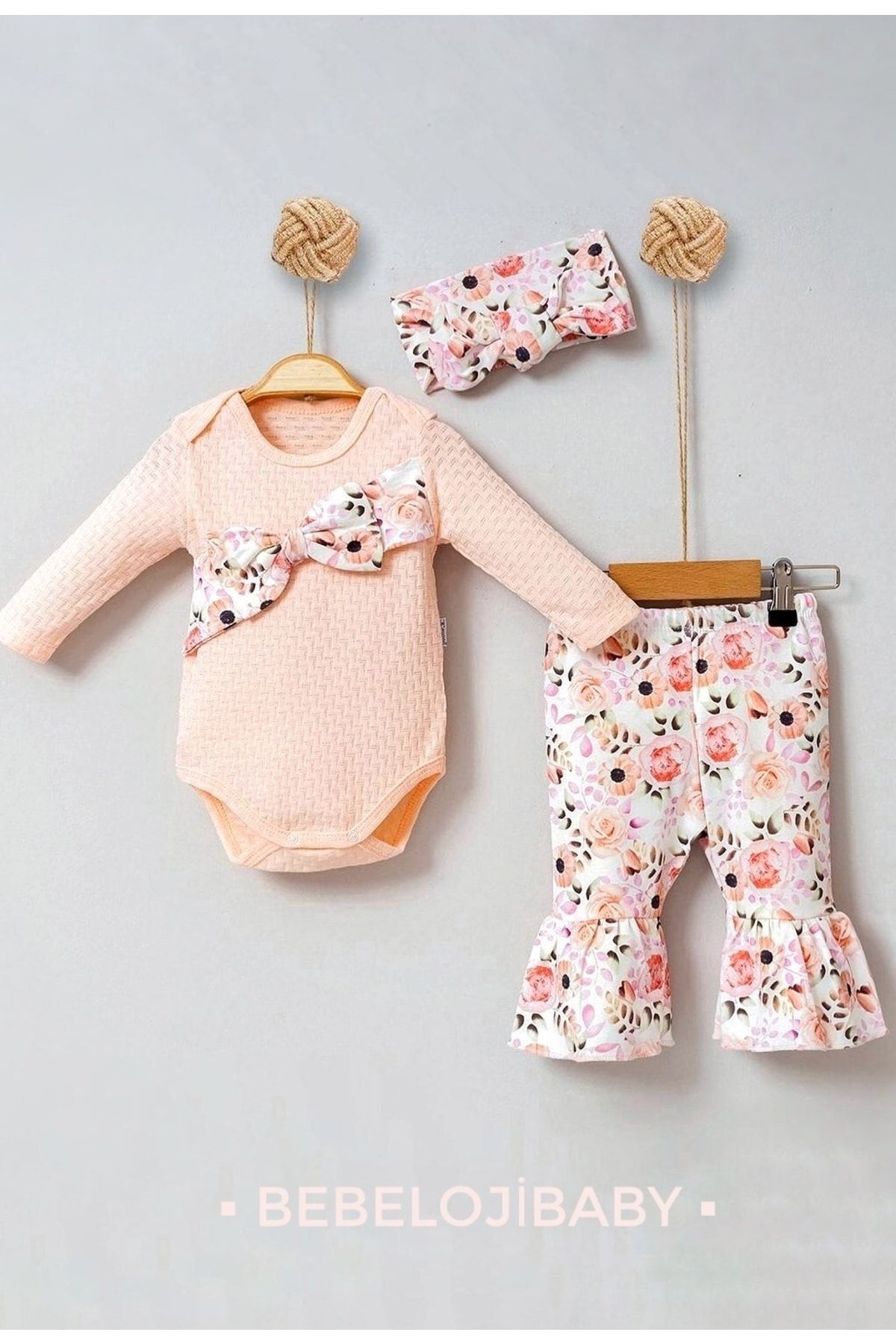 Bebeloji Baby Jakarlı Bahar Çiçekleri Kız Bebek 3'lü Takım Yenidoğan Kıyafeti