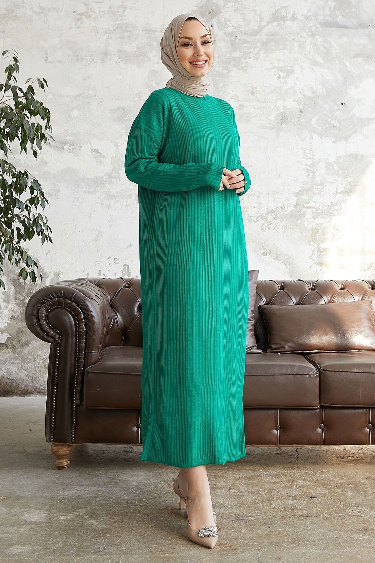 InStyle Arissa Balıkçı Yaka Uzun Triko Elbise - Yeşil