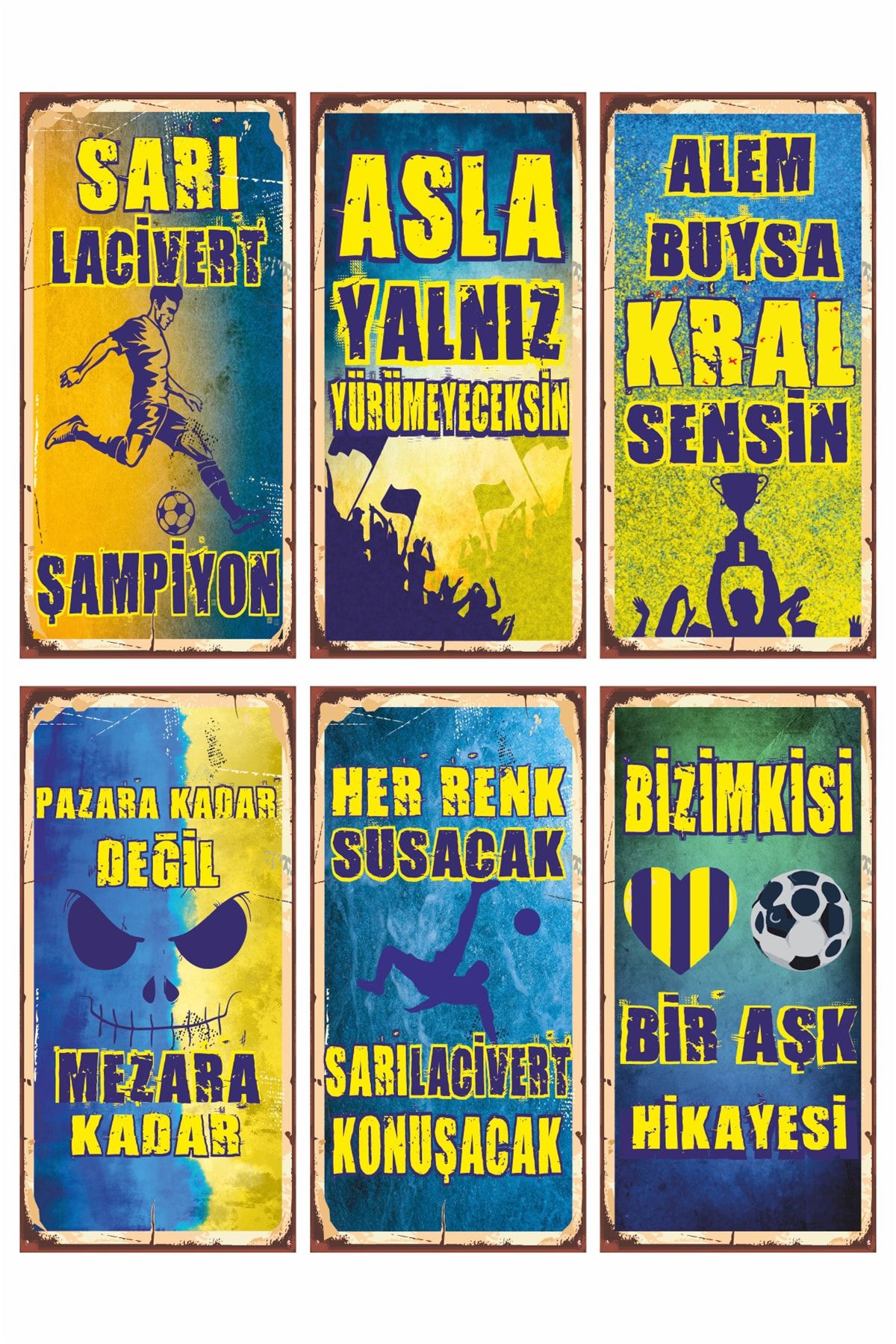 Hayat Poster Sarı Lacivert Futbol Takım 6lı Mini Retro Ahşap Poster Seti
