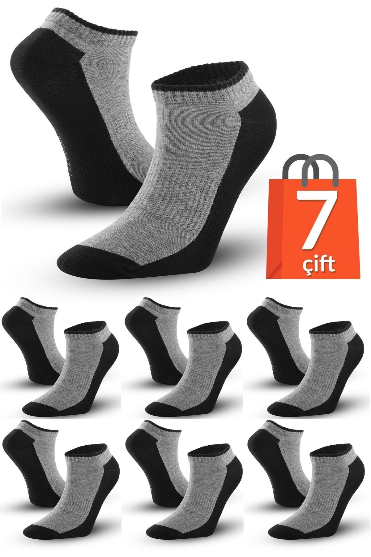 Telvesse 7 Çift Marcher Dikişsiz Patik Çorap Spor Kısa Çift Renkli Kısa Konç Spor Çorabı Siyah-gri