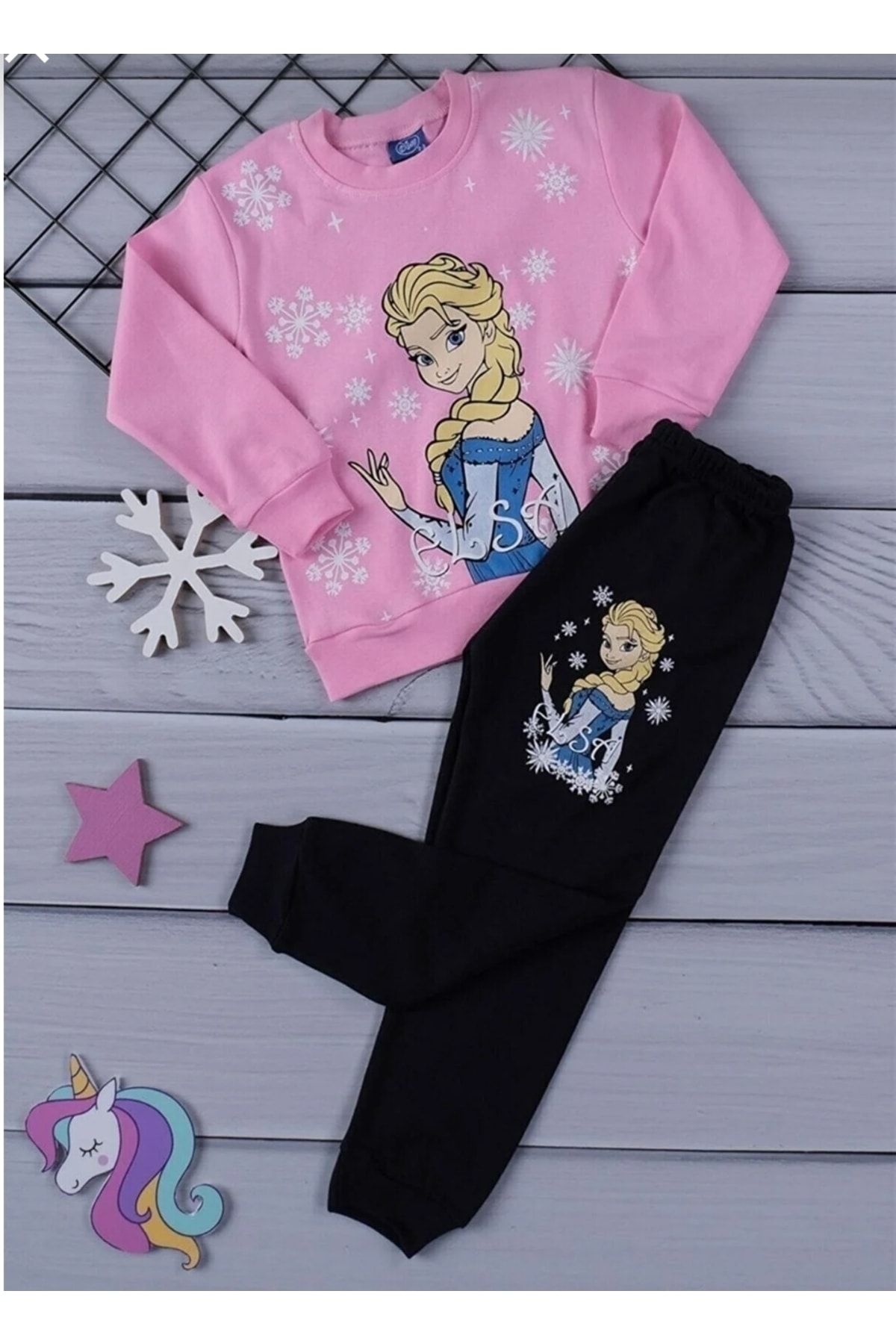 Uğur bebe Kız Çocuk Elsa Anna %100 Pamuk Mevsimlik Pijama Takımı-pembe