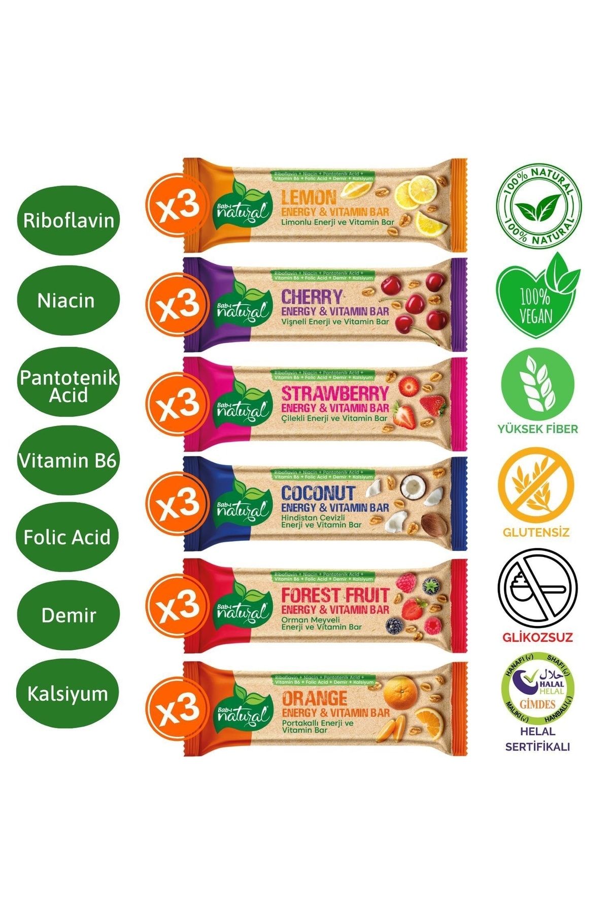 Bab ı Natural Enerji Bar Ve Vitamin Bar Karma Paket 18 Adet (VEGAN GİMDES HELAL SERTİFİKALIDIR)