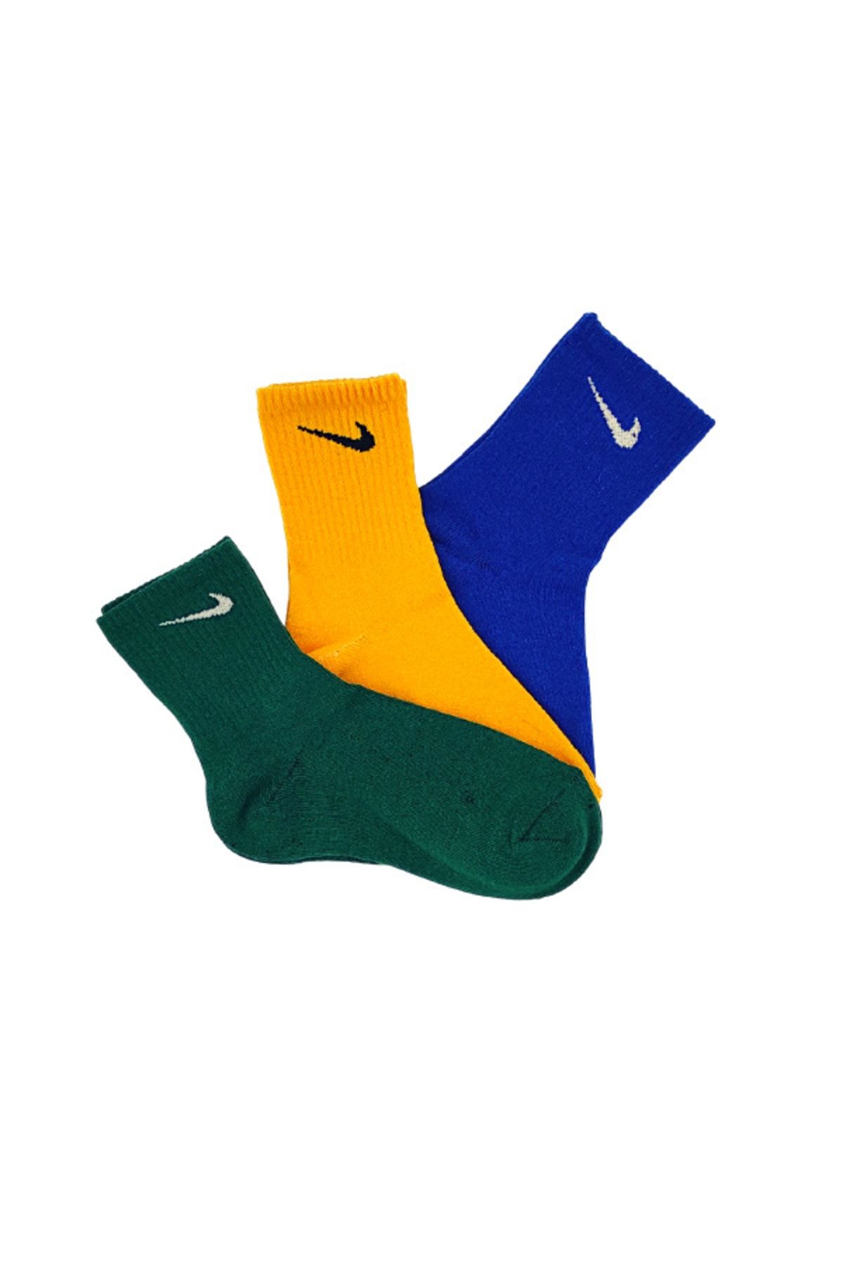Genel Markalar 3'lü Unisex Mavi Sarı Yeşil Antrenman Spor Tenis Futbol Basketbol Koşu Soket Çorap Seti
