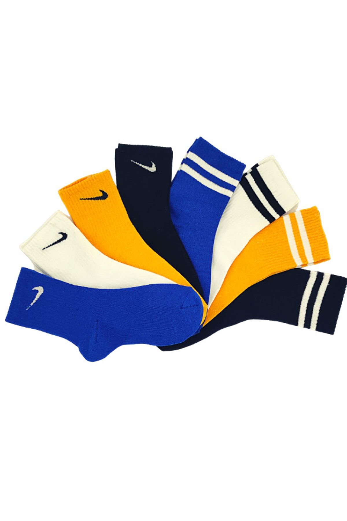 Genel Markalar 8'li Unisex Mavi Sarı Beyaz Siyah Çift Çizgi Spor Tenis Futbol Basketbol Koşu Soket Çorap Seti
