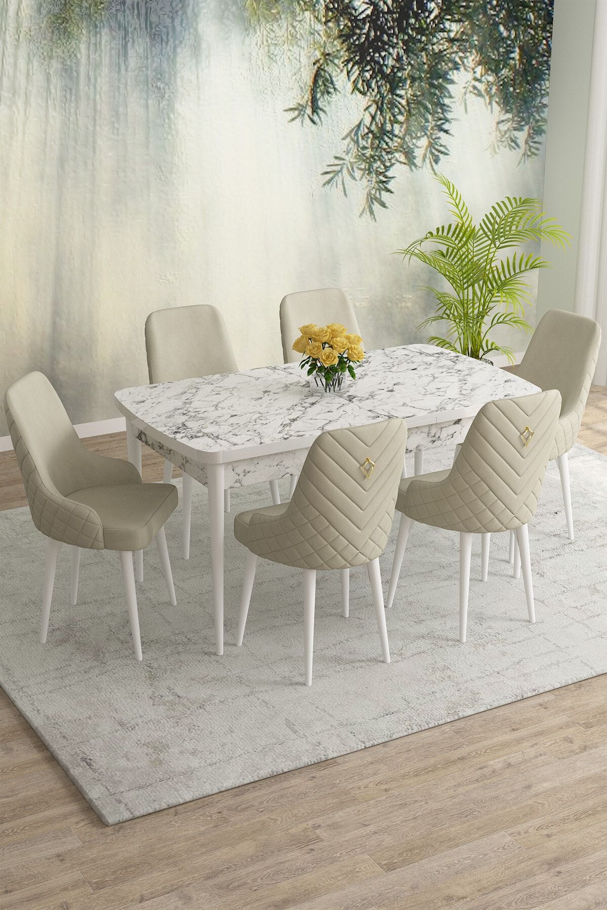 Rovena Eylül Beyaz Mermer Desen 80x132 Mdf Açılabilir Mutfak Masası Takımı 6 Adet Sandalye