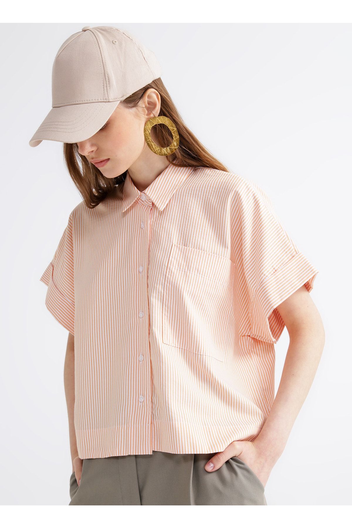 Fabrika Comfort Gömlek Yaka Çizgili Turuncu - Beyaz Kadın Gömlek Cm-nakos