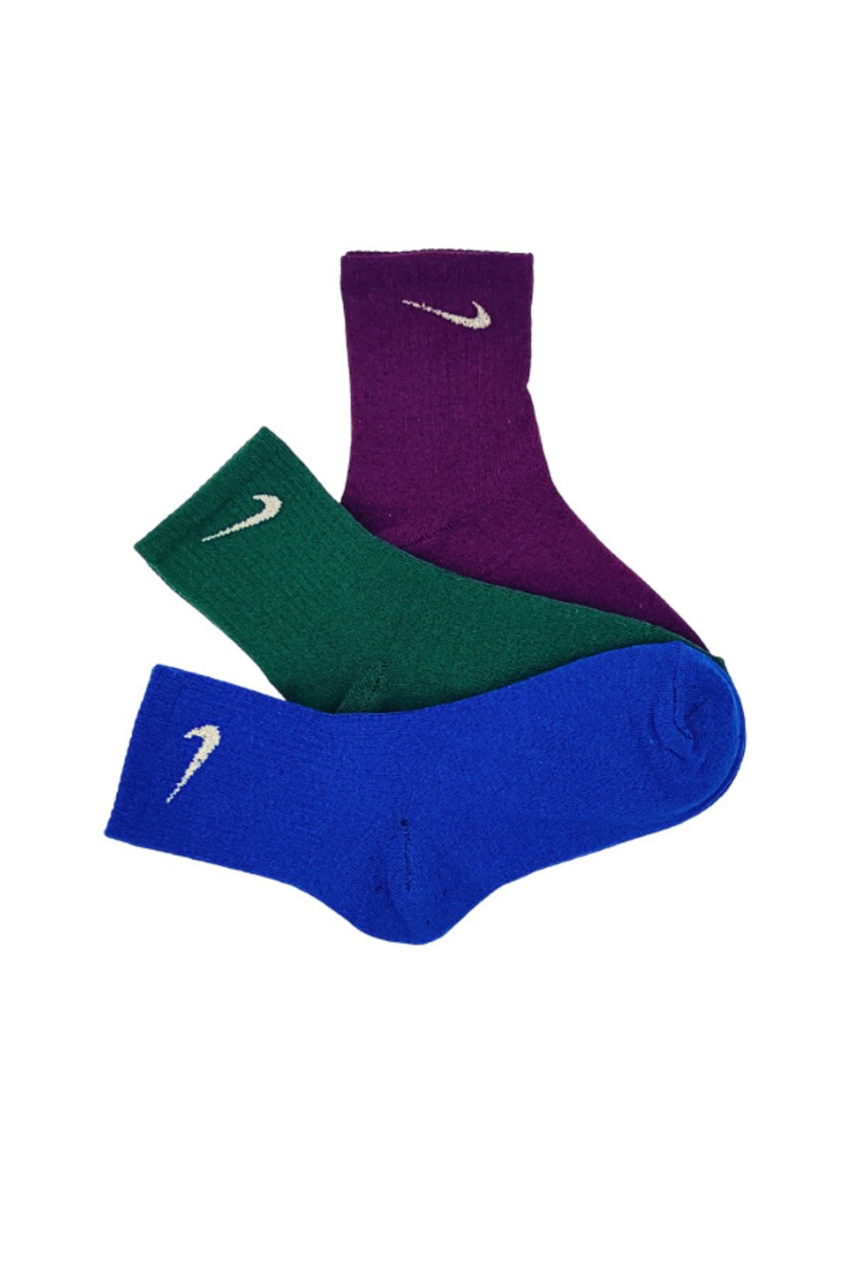 Genel Markalar 3'lü Unisex Mavi Mor Yeşil Antrenman Spor Tenis Futbol Basketbol Koşu Soket Çorap Seti