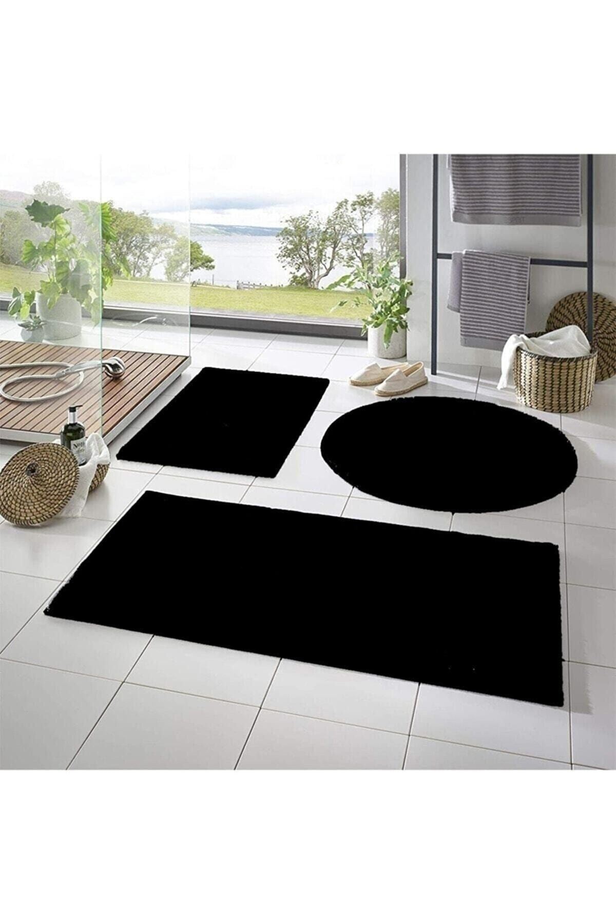 Balat Halı 3'lü Banyo Halısı Peluş Post Halı Klozet Takımı Siyah 50x90--50x60---50x50(yuvarlak)