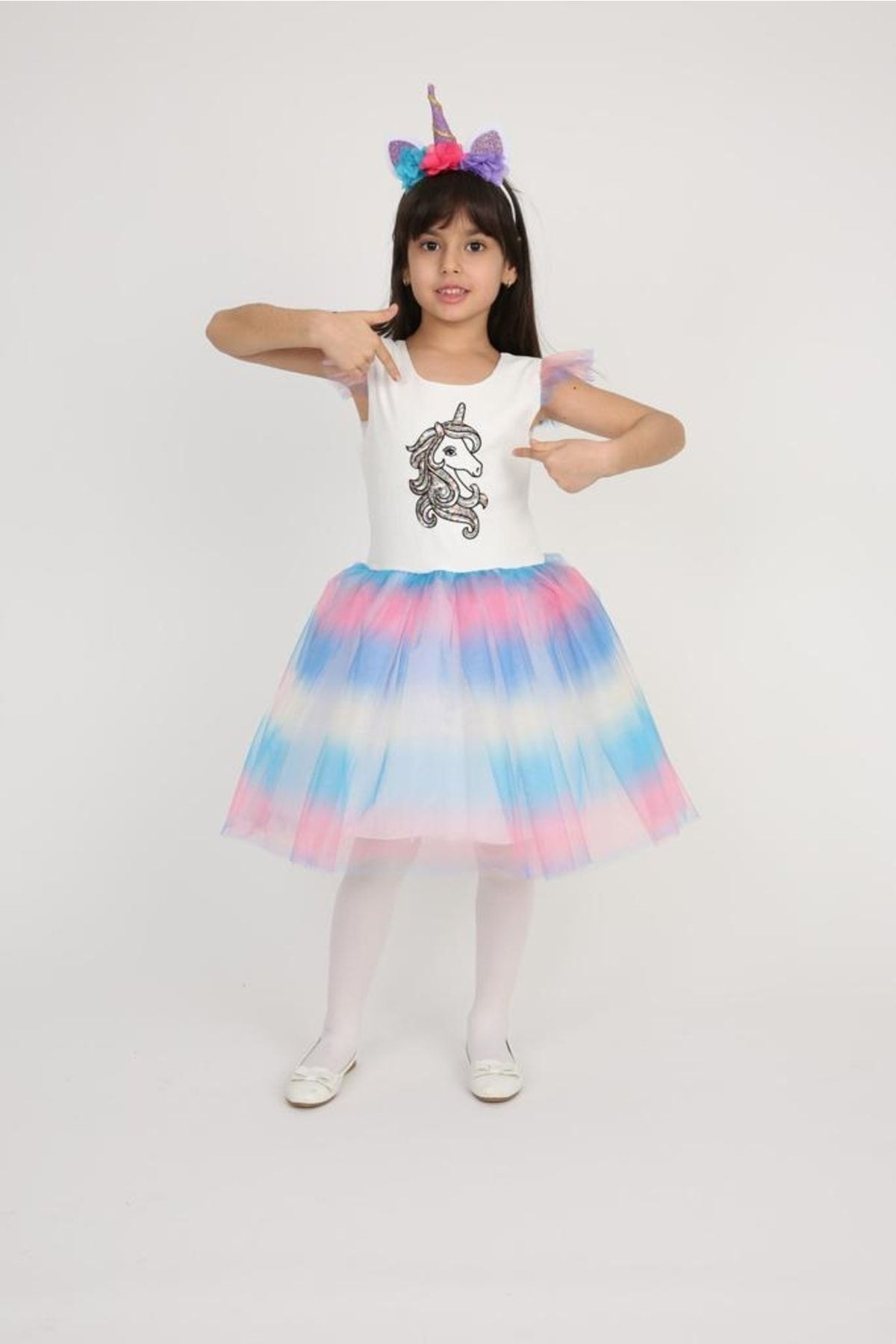 FATELLA Kız Çocuk Unıcorn Elbise Taçlı Gösteri 23 Nisan 29 Ekim 19 Mayıs Elbise