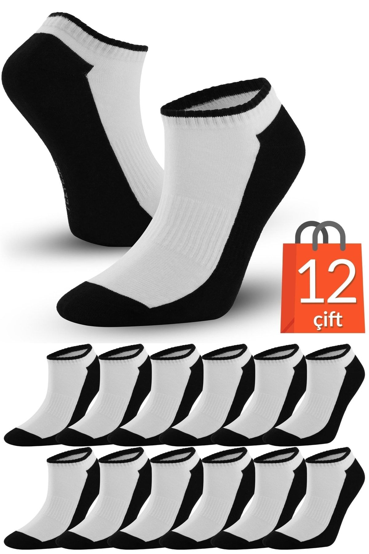 Telvesse 12 Çift Marcher Dikişsiz Patik Çorap Spor Kısa Çift Renkli Kısa Konç Spor Çorabı Siyah-beyaz