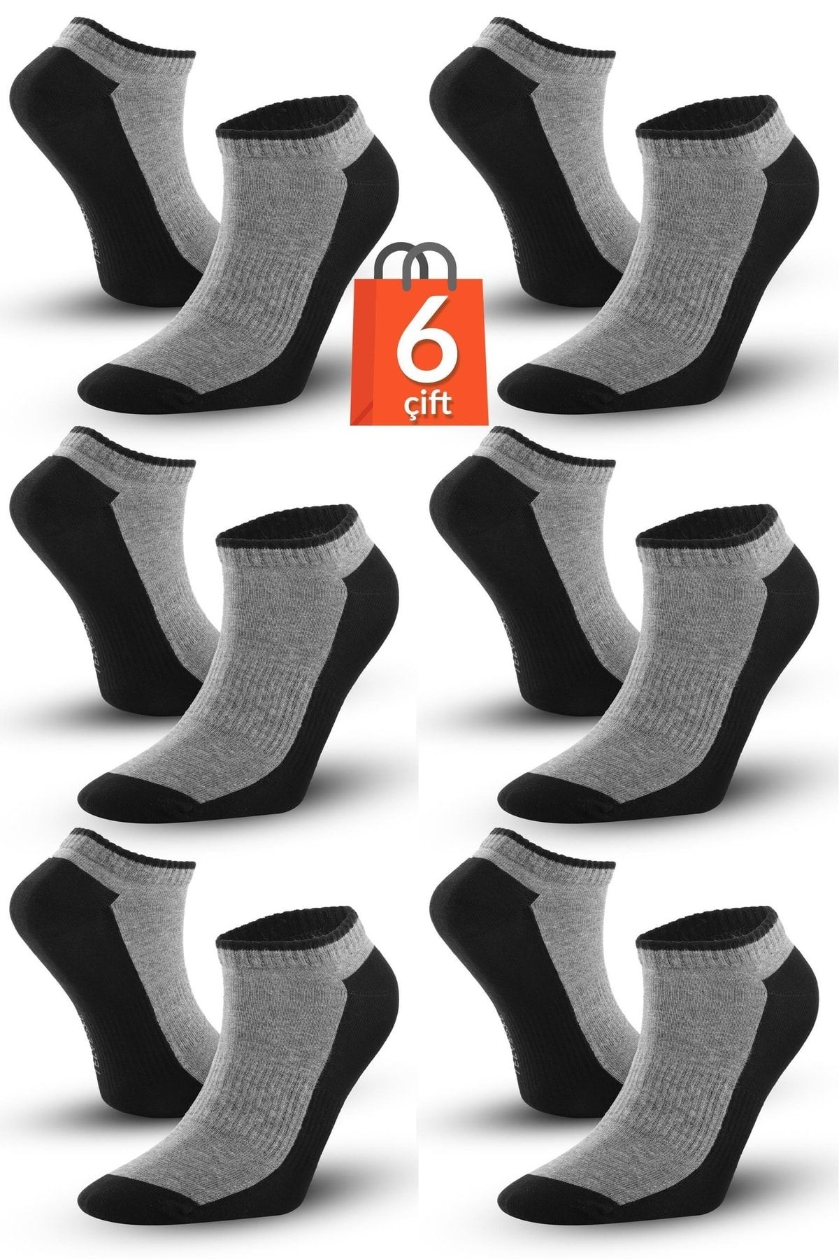 Telvesse 6 Çift Marcher Dikişsiz Patik Çorap Spor Kısa Çift Renkli Kısa Konç Spor Çorabı Siyah-gri