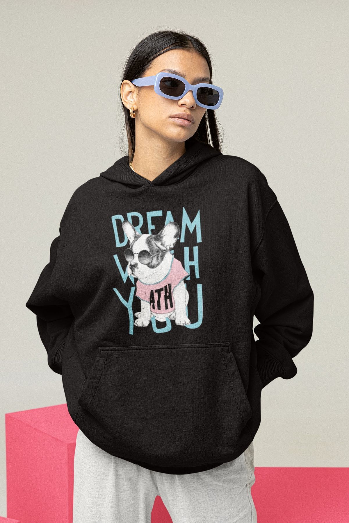 Serbella French Bulldog Baskılı Oversize Siyah Kapuşonlu Sweatshirt