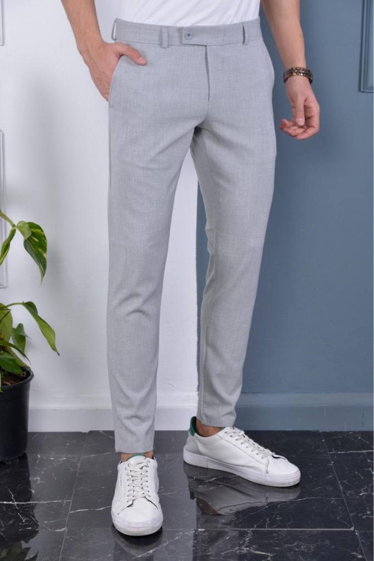 Gavazzi Erkek Gri Renk Italyan Kesim Kaliteli Esnek Likralı Bilek Boy Kumaş Pantolon