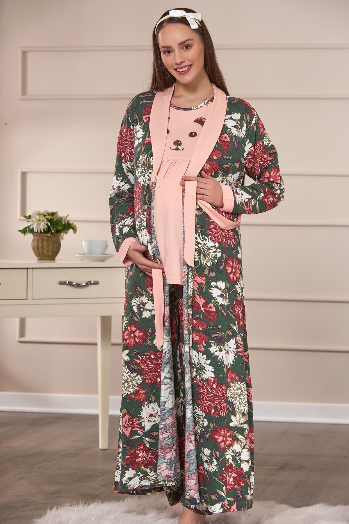 Flora Lohusa Hamile Uzun Sabahlıklı Kadın Pijama Takım Pudra