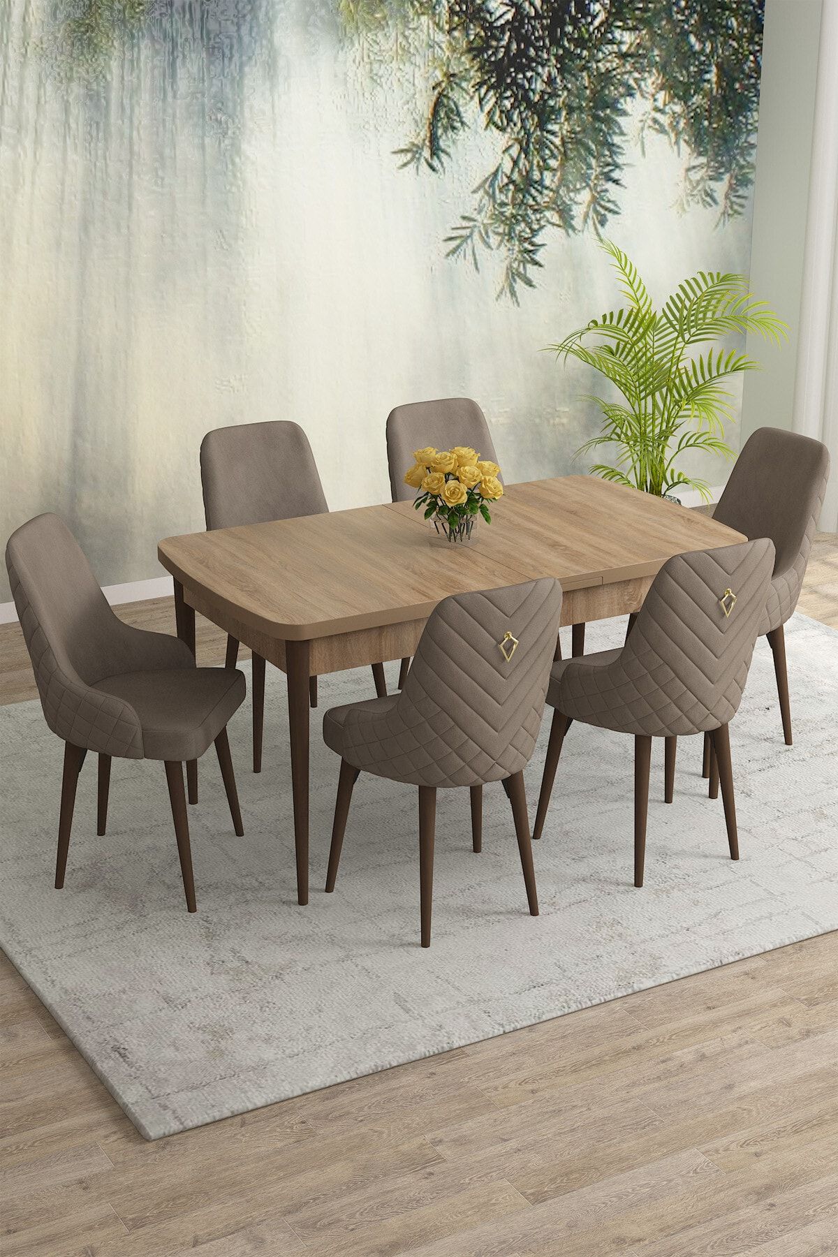 Rovena Eylül Meşe Desen 80x132 Mdf Açılabilir Mutfak Masası Takımı 6 Adet Sandalye