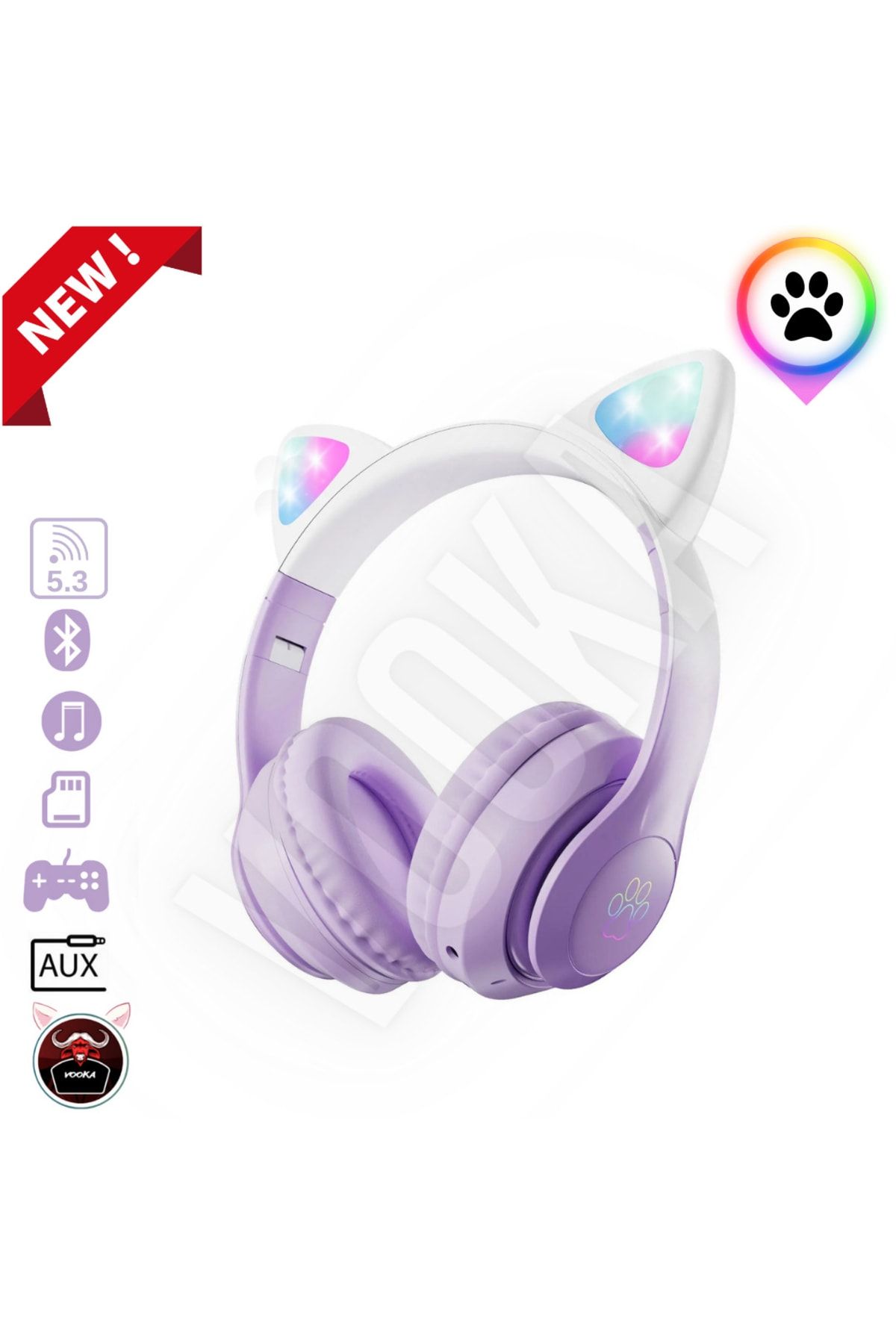 VOOKA Kedi Kulaklık Pro 5.3 Akıllı Rgb Led Detaylı Bluetooth Kablosuz Kulaklık Çocuk Oyuncu Yeni