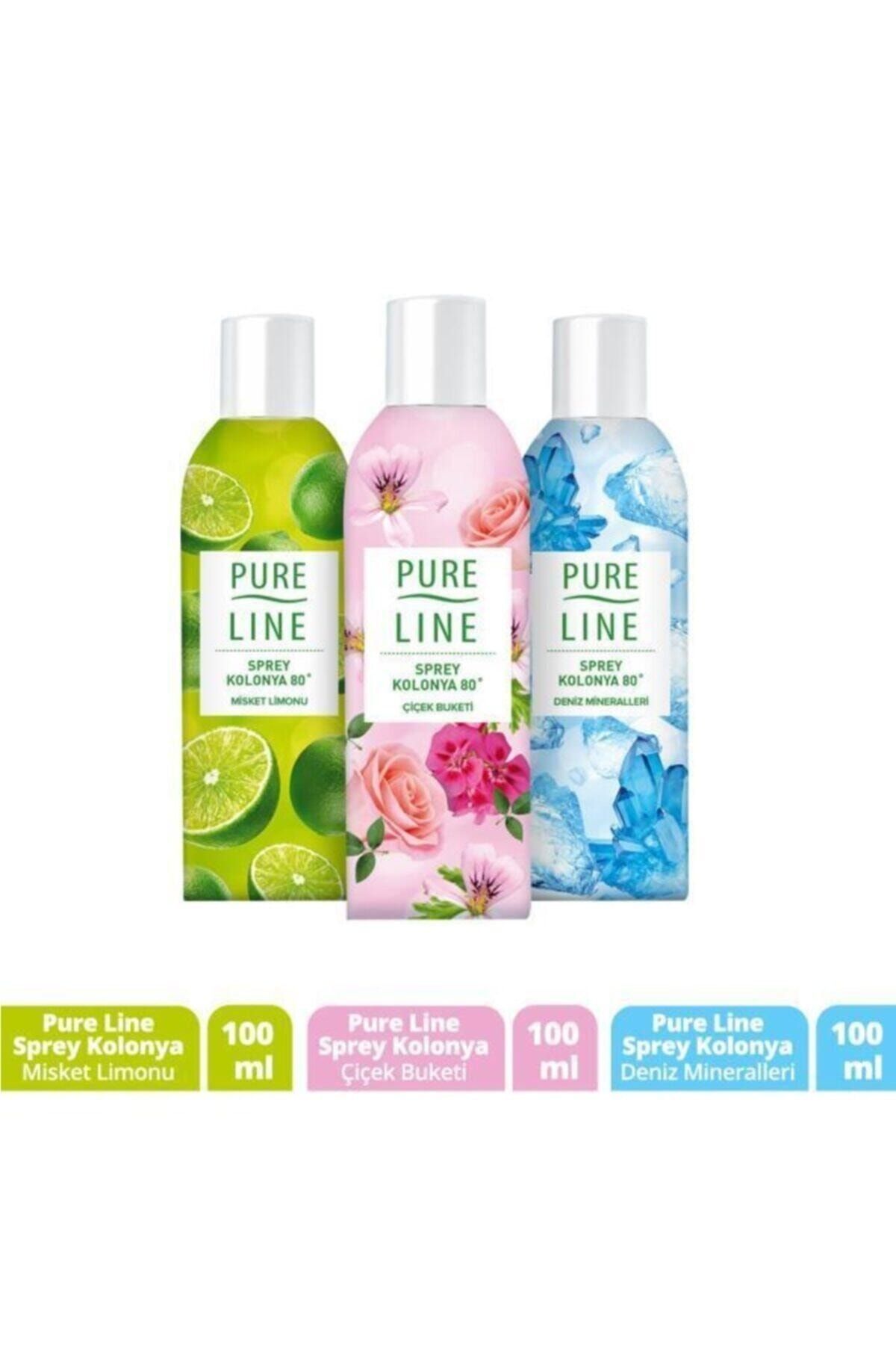 Pure Line 80 ° Sprey Kolonya Seti Misket Limonu 100ml + Deniz Mineralleri 100ml + Çiçek Buketi100ml