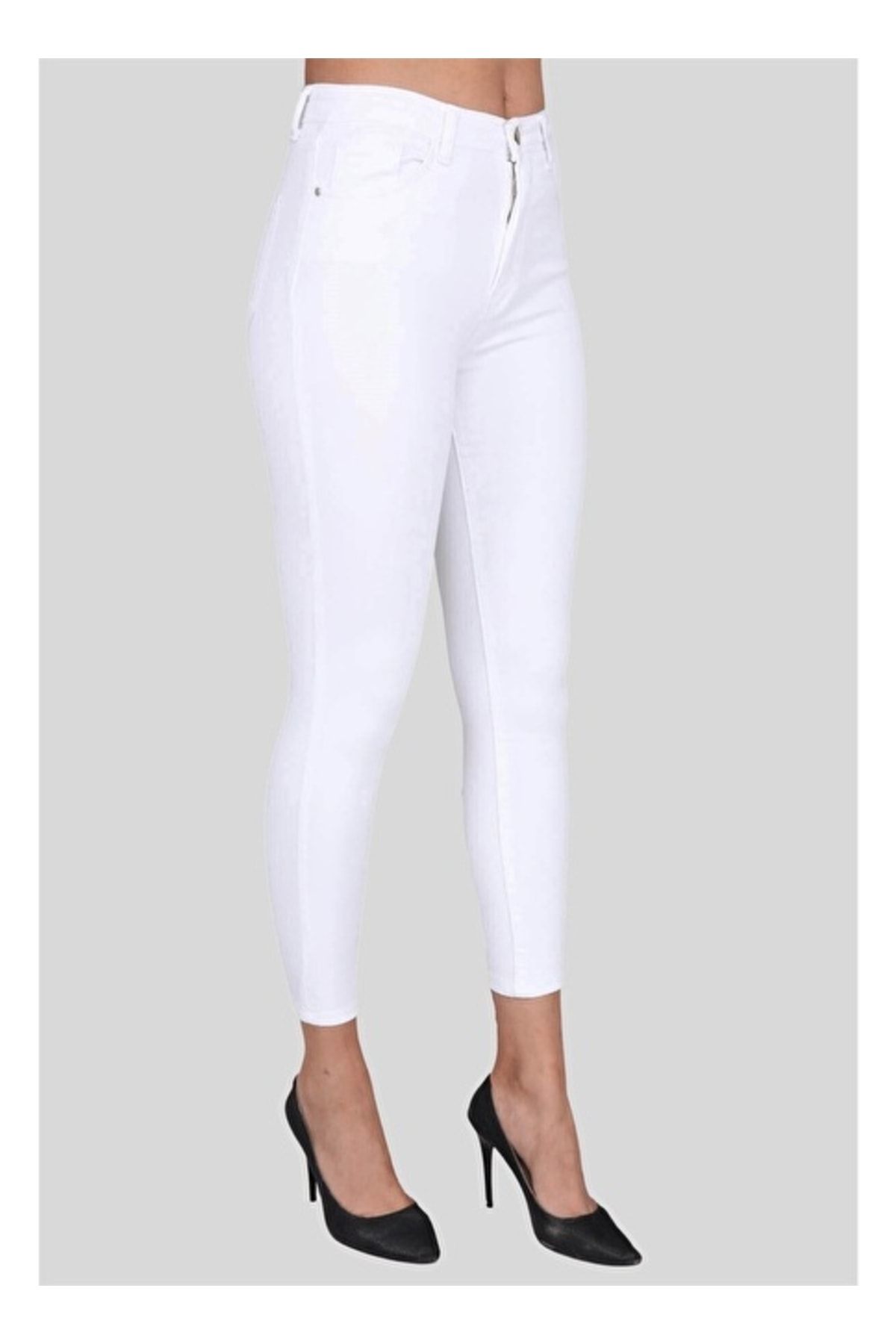 LAMİRA Kadın Beyaz Yüksek Bel Dar Paça Kot Pantolon
