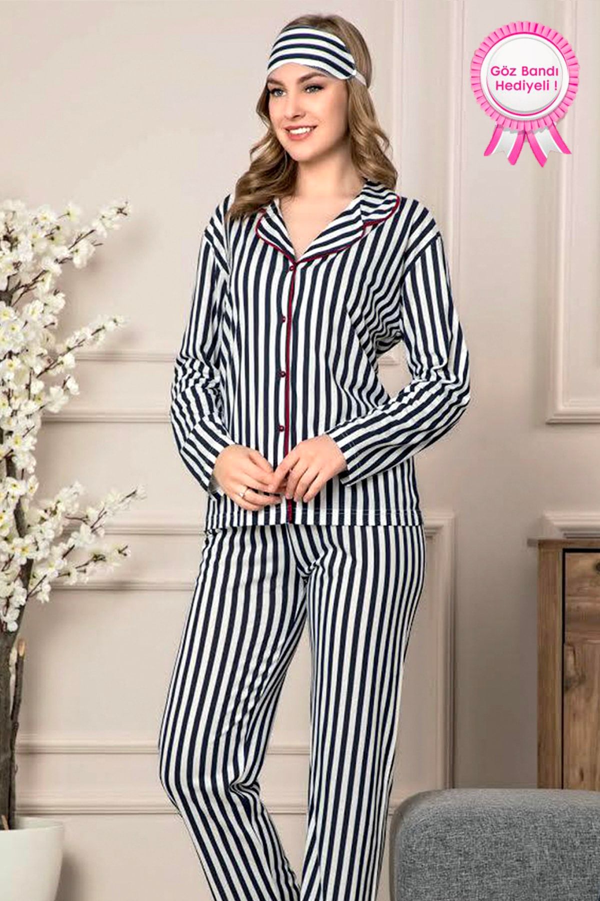 Manolya Retro Çizgili %100 Pamuk Önden Düğmeli Klasik Kadın Pijama Takımı