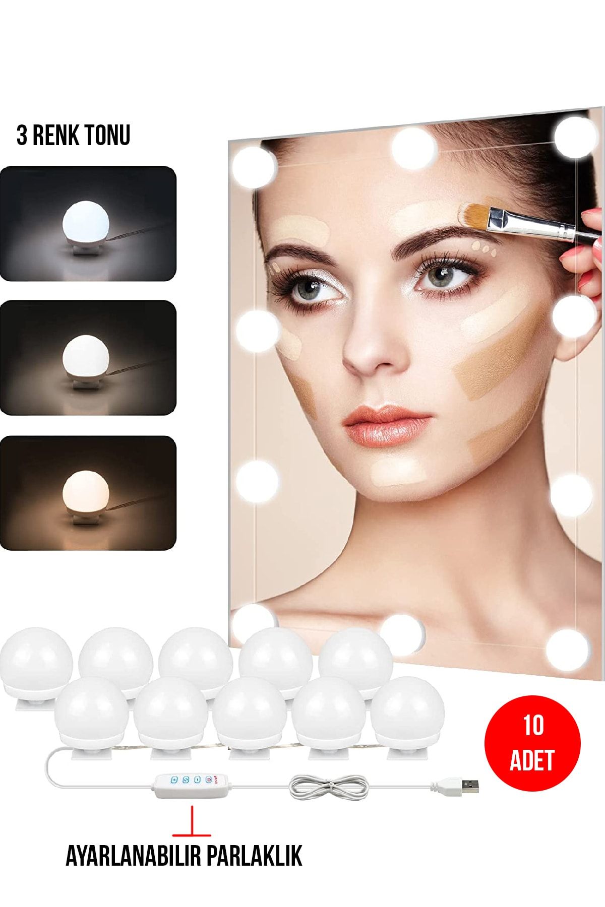 The Wlue Hollywood 10'lu Makyaj Aynası Led Lamba Seti Ayarlanabilir Parlaklık Ve Değişebilen 3 Renk Tonu