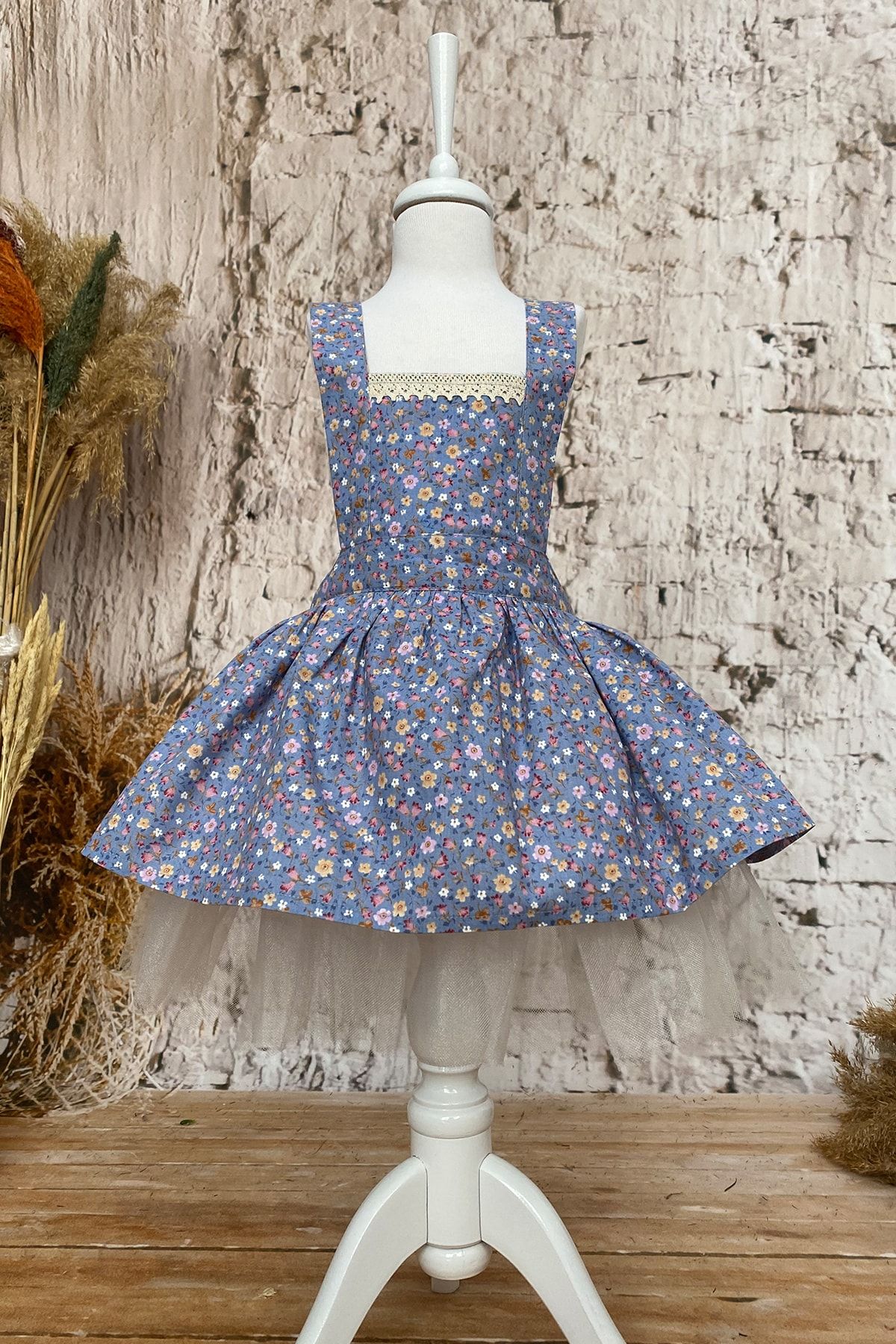 Shecco Babba Kız Çocuk Mavi Çiçekli Tütü Elbise, Doğum Günü Elbisesi, Kız Çocuk Elbise Modelleri 1-4 Yaş
