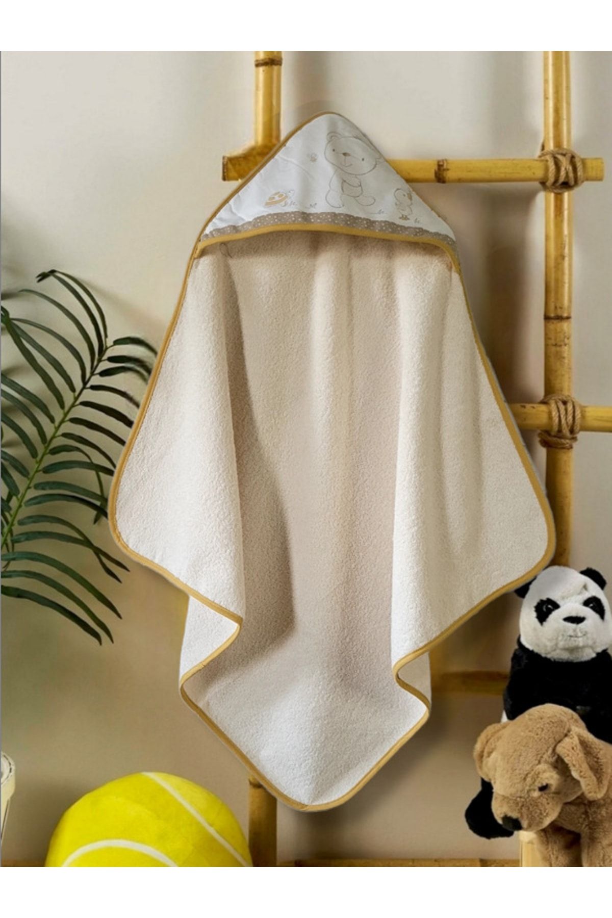Alpar Tekstil Pamuklu Yumuşacık Kız-erkek Bebek Banyo Havlu Kundak 75*75 Cm Krem/ayıcık