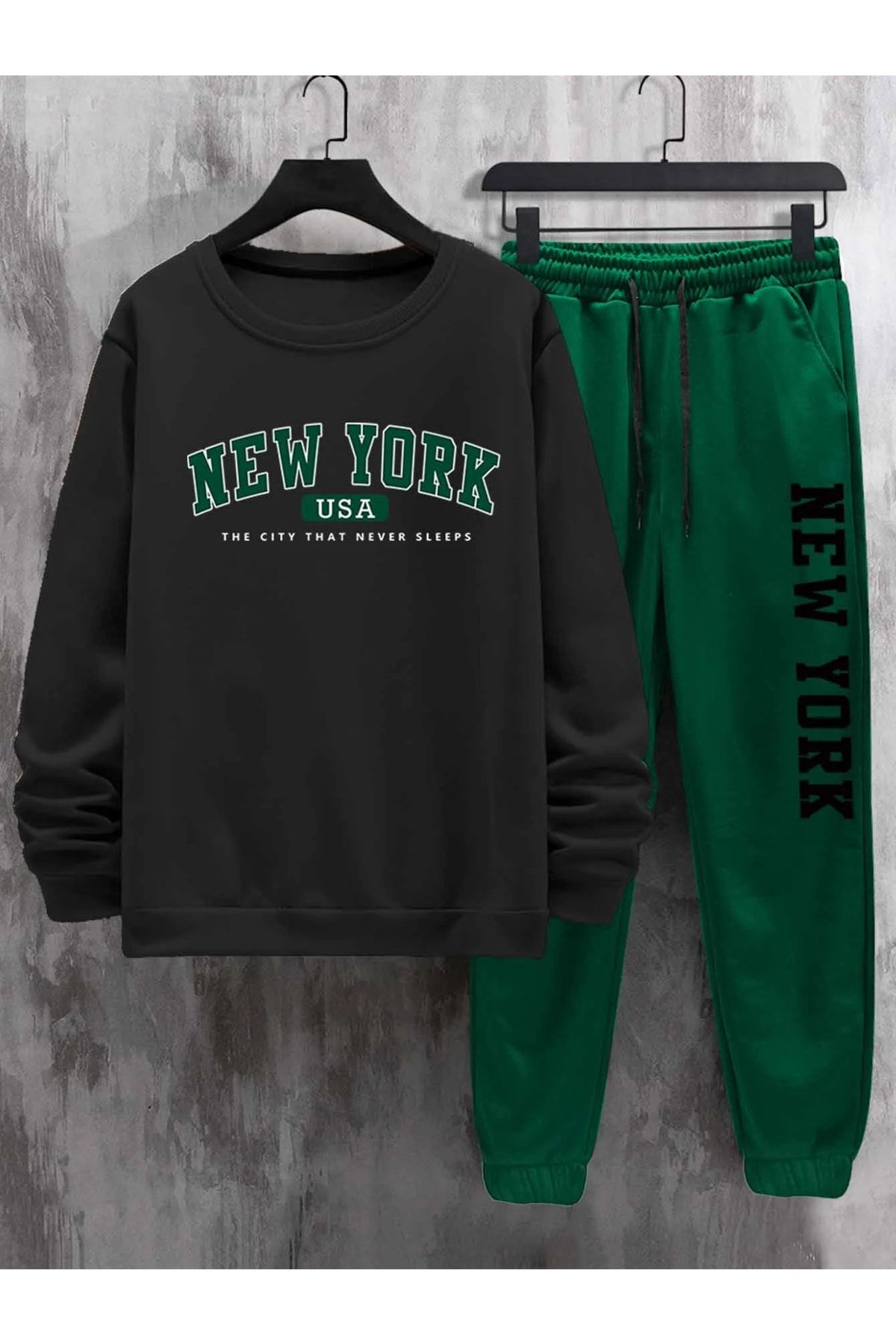 MODARİCH New York Çift Baskılı Yeşil Jogger Siyah Sweatshirt Alt Üst Eşofman Takımı Oversize Bisiklet Yaka