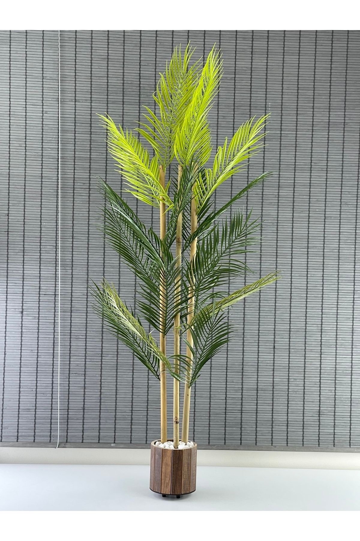 Bahçem Yapay Çiçek Areka Ağacı Palmiye Ağacı Bambu Gövdeli Ahşap Saksılı 18 Yaprak 125 Cm