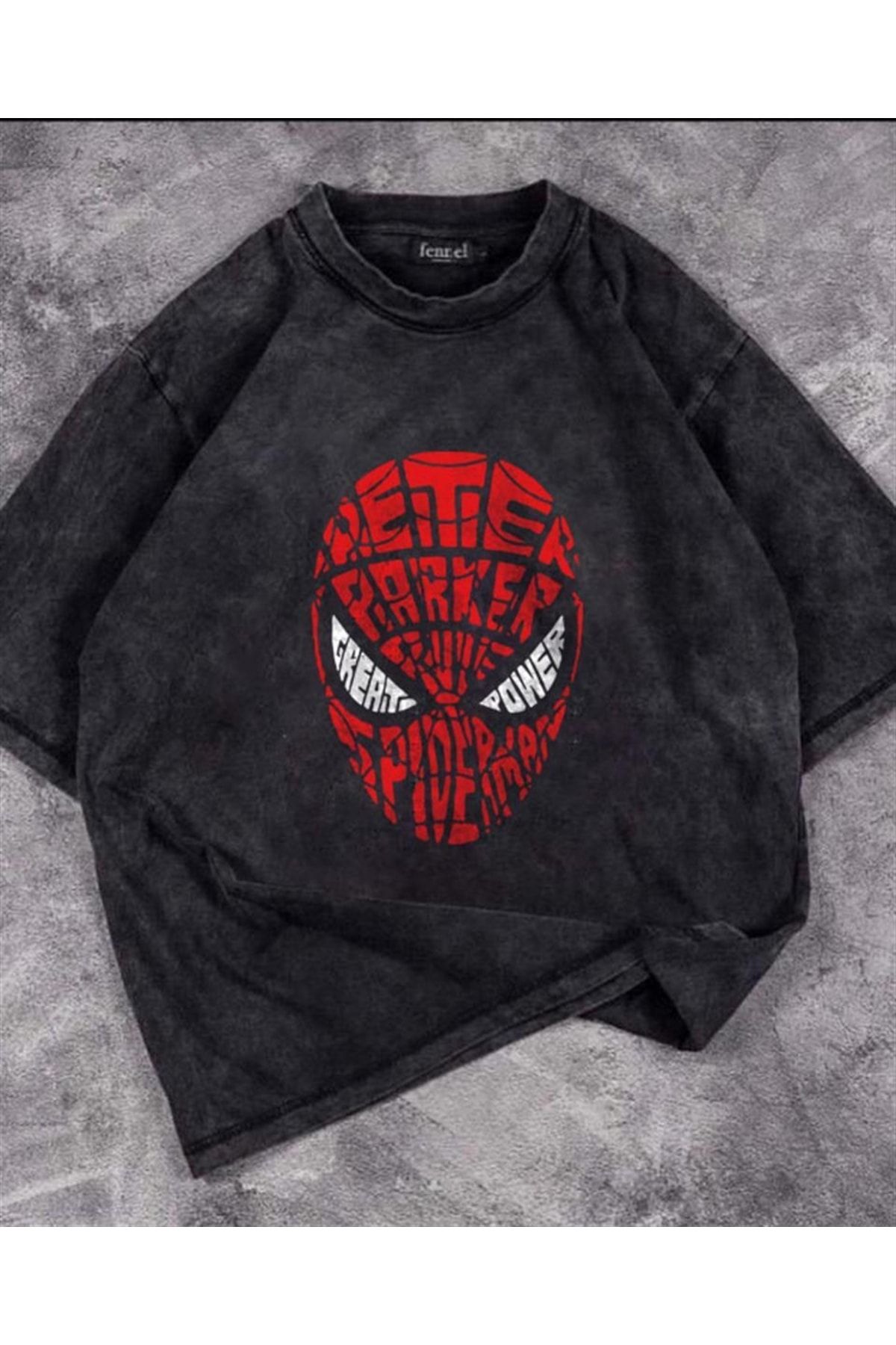 Touz Yıkamalı Spider-man Head Baskılı Oversize Eskitme T-shirt