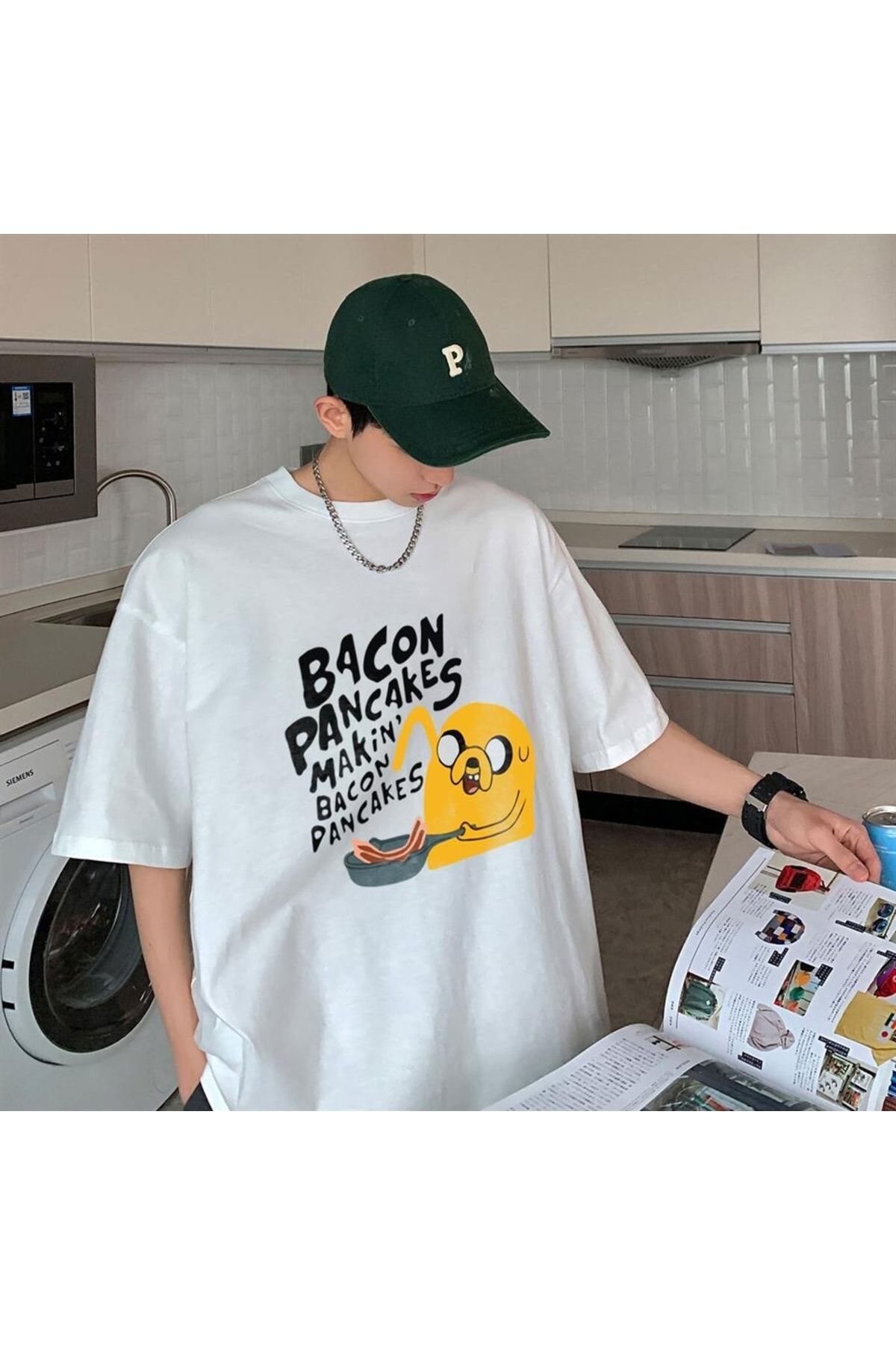 Touz Bacon Pancakes Baskılı Beyaz Unisex Oversize T-shirt