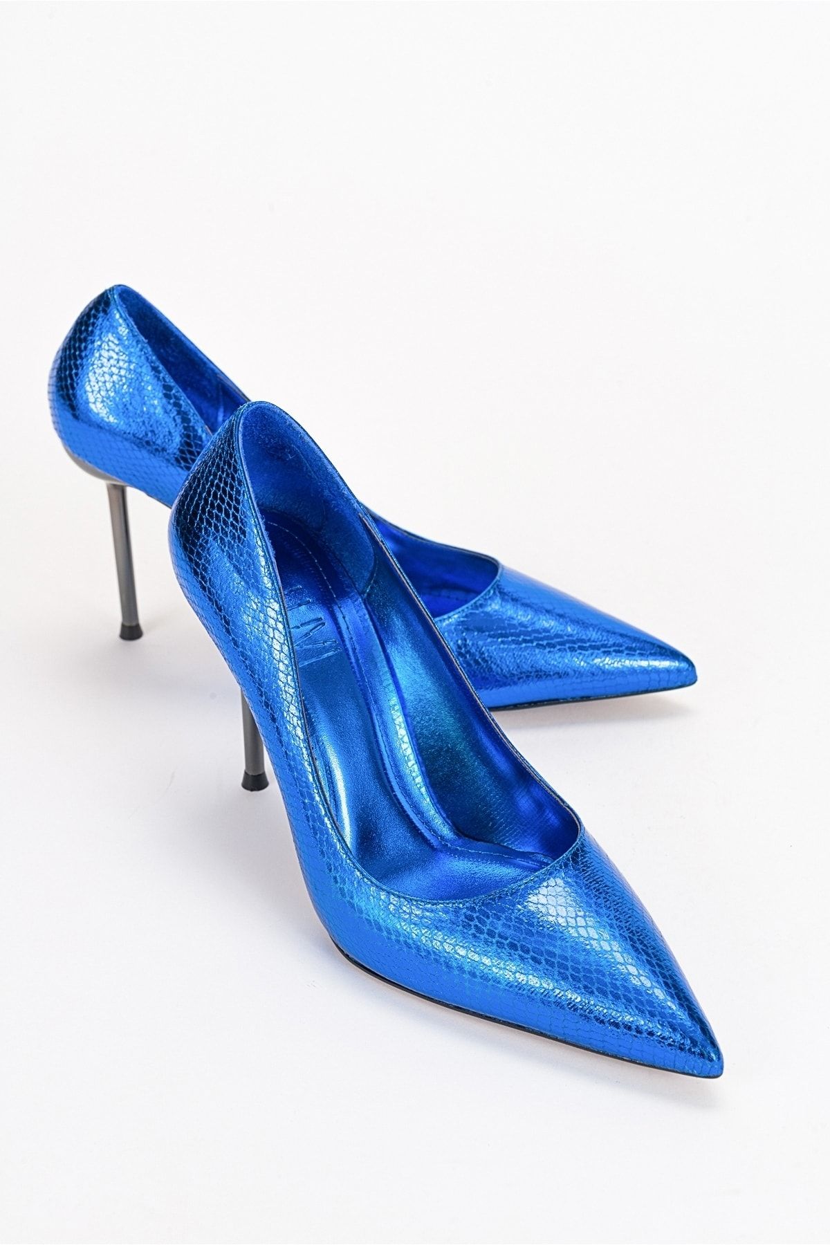 luvishoes Palmera Sax Mavi Desenli Kadın Topuklu Ayakkabı