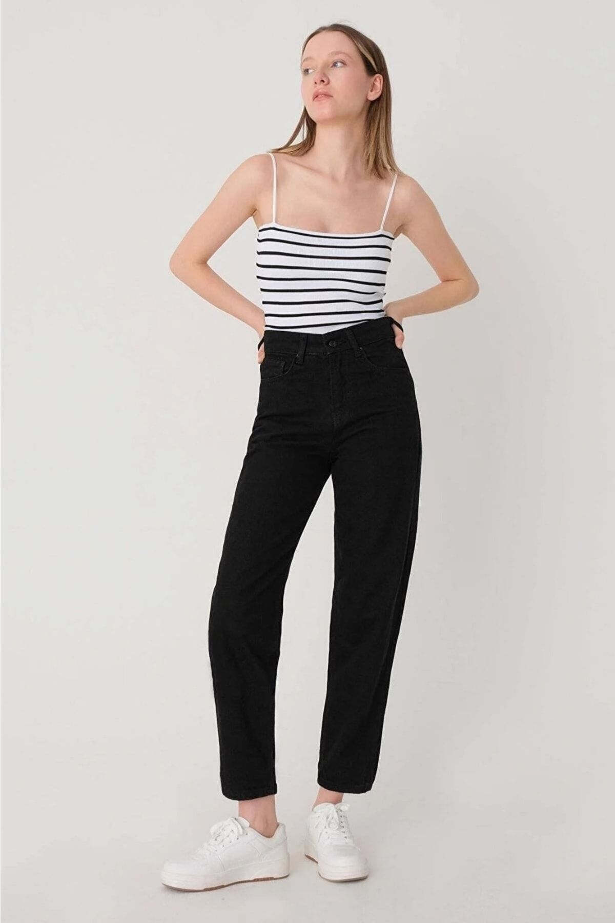 DRC trend Siyah Mom Kot Pantolon Likralı Siyah Ekstra Rahat Yüksek Bel Mom Jeans