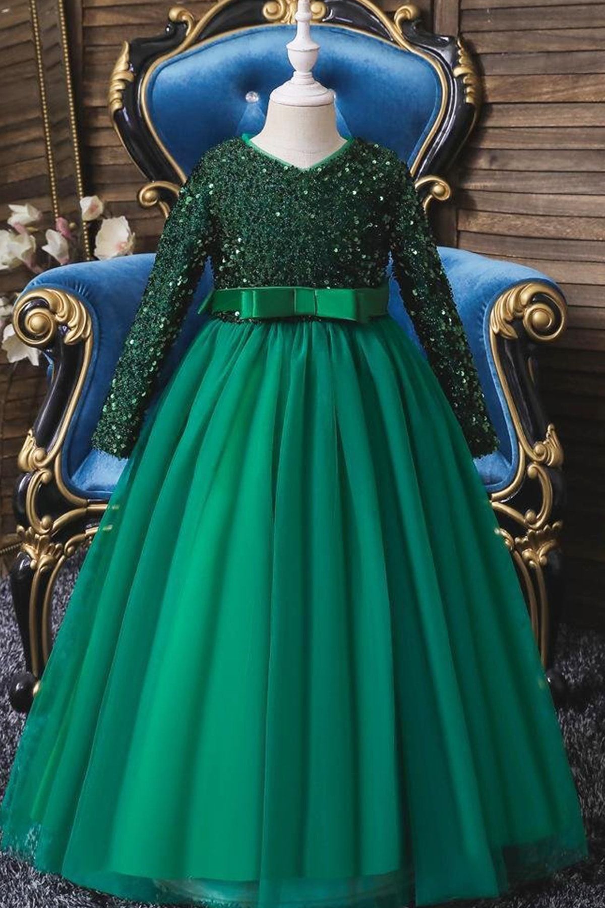 miço kids Yeşil Payetli Kız Çocuk Balo - Noel Abiye Elbise