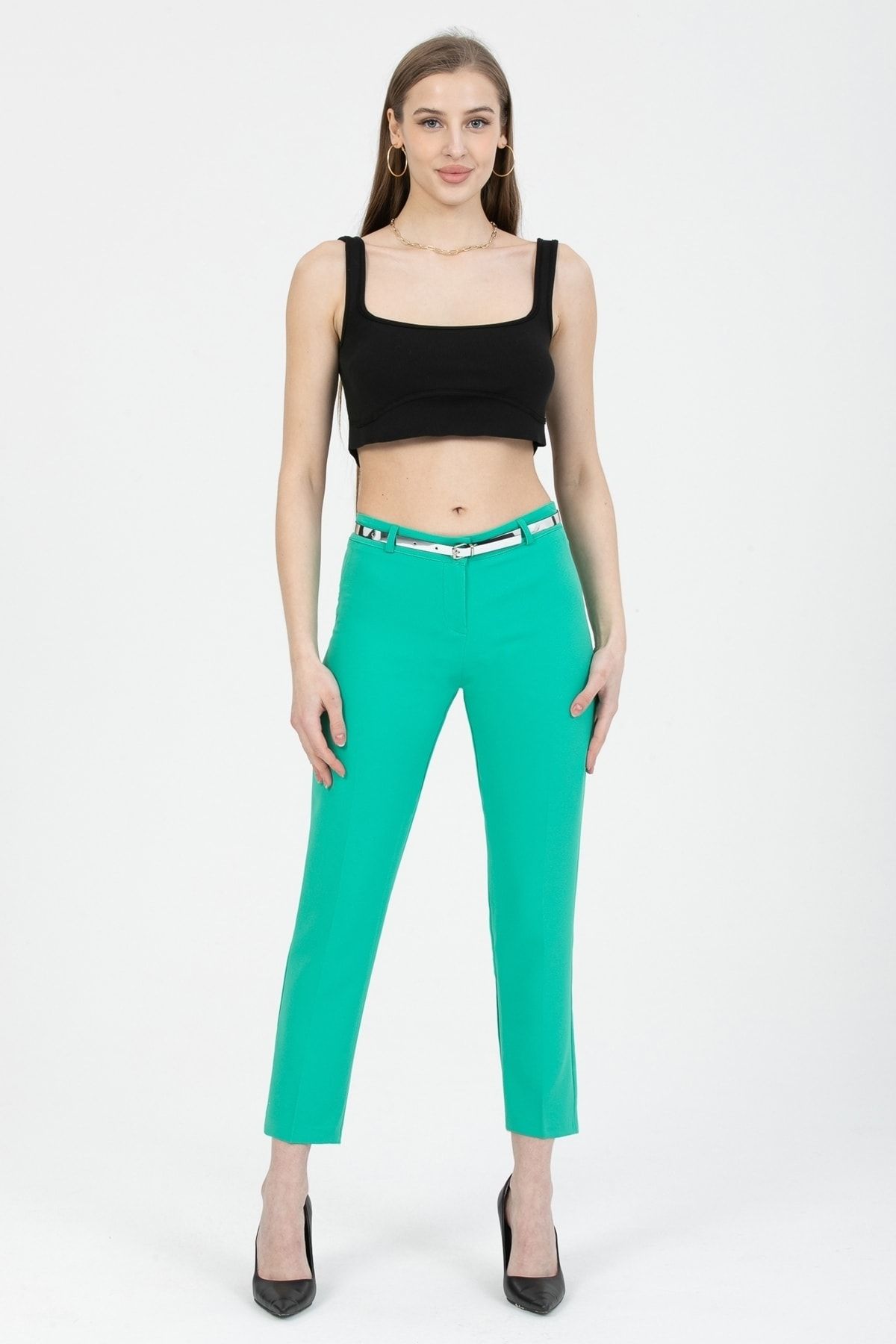 MD trend Kadın Yeşil Kemerli Klasik Kumaş Pantolon
