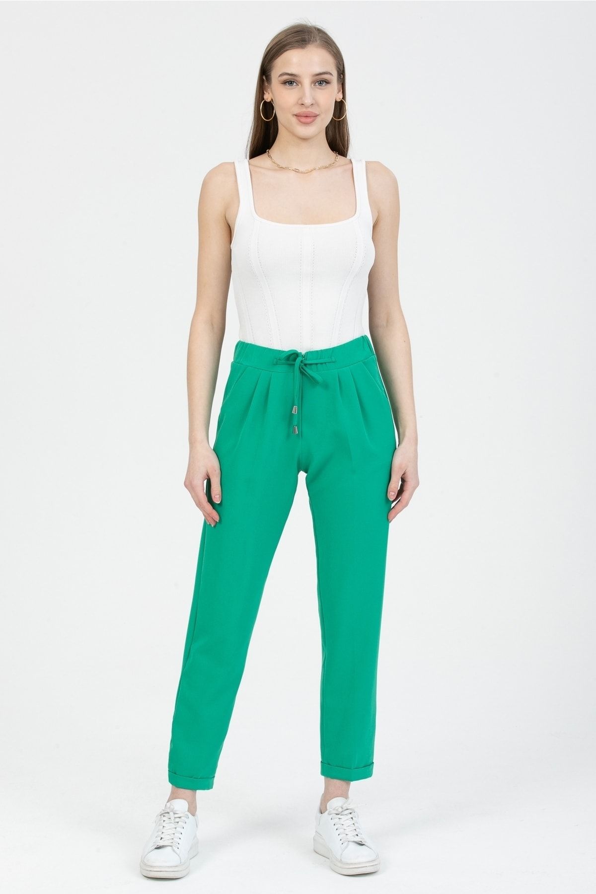 MD trend Kadın Yeşil Bağlamalı Önden Gizli Fermuarlı Çift Cepli Paça Katlı Pantolon