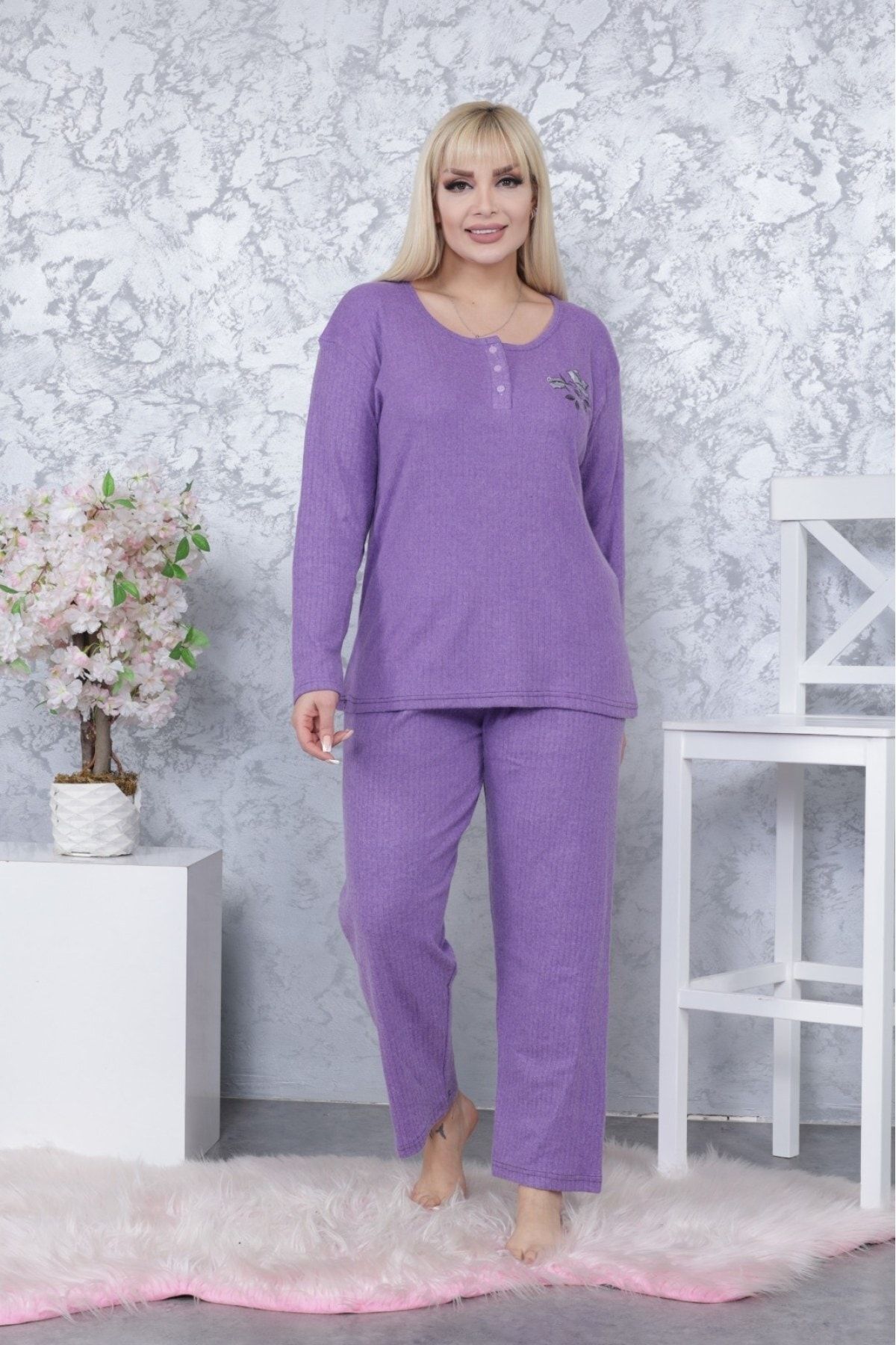 Meba Kadın Büyük Beden Kışlık Mor Tek Çiçek Pijama Takımı