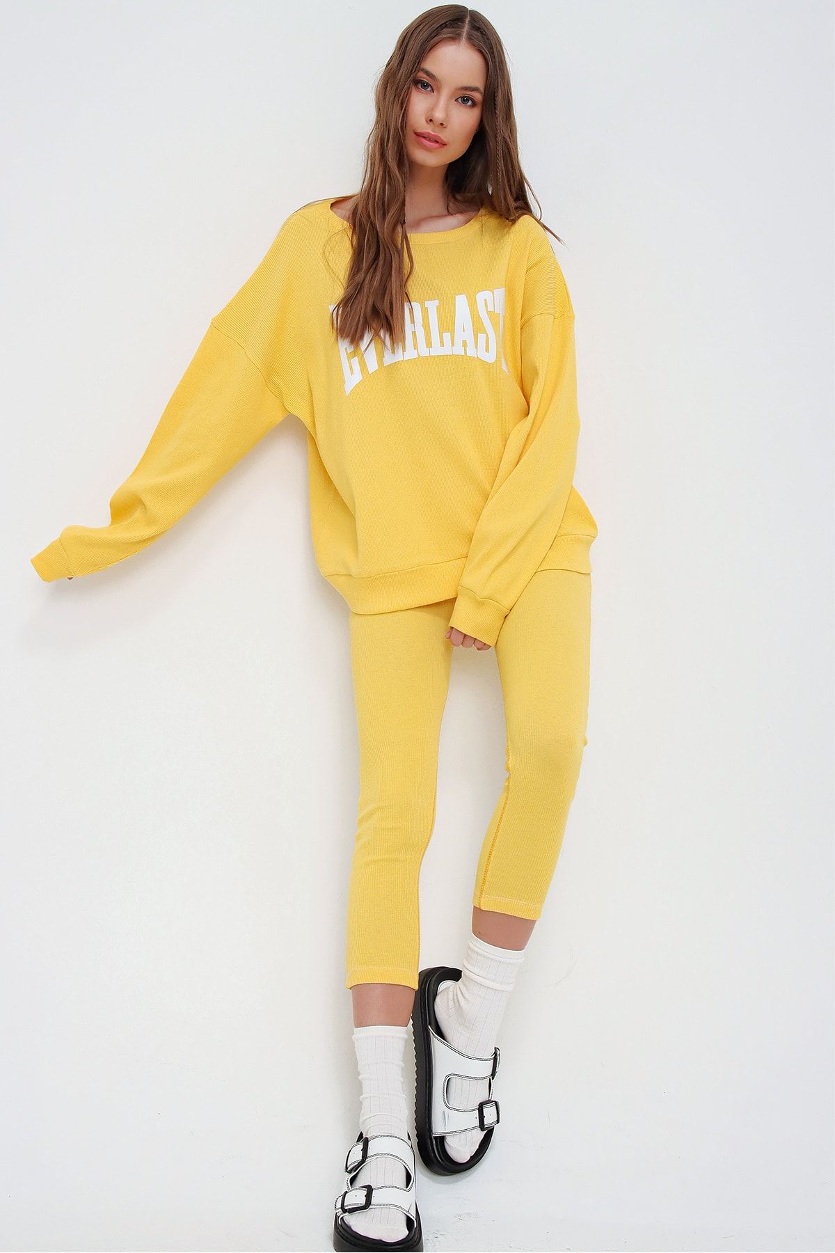 Trend Alaçatı Stili Kadın Sarı Sweatshirt Örme Tayt İkili Takım ALC-X5890
