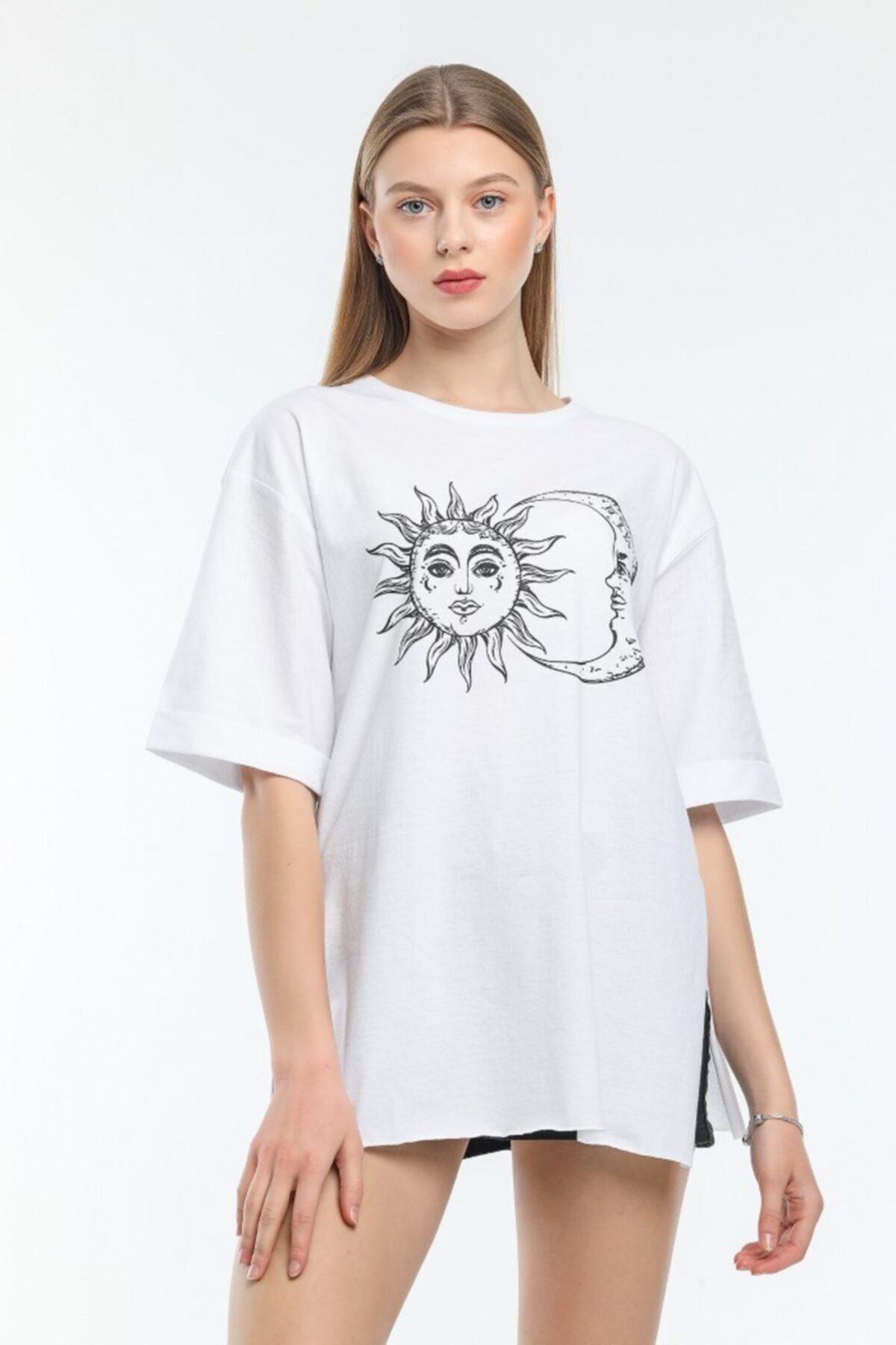 KUPON TEKSTİL Ay/güneş Baskılı Basic Salaş T-shirt