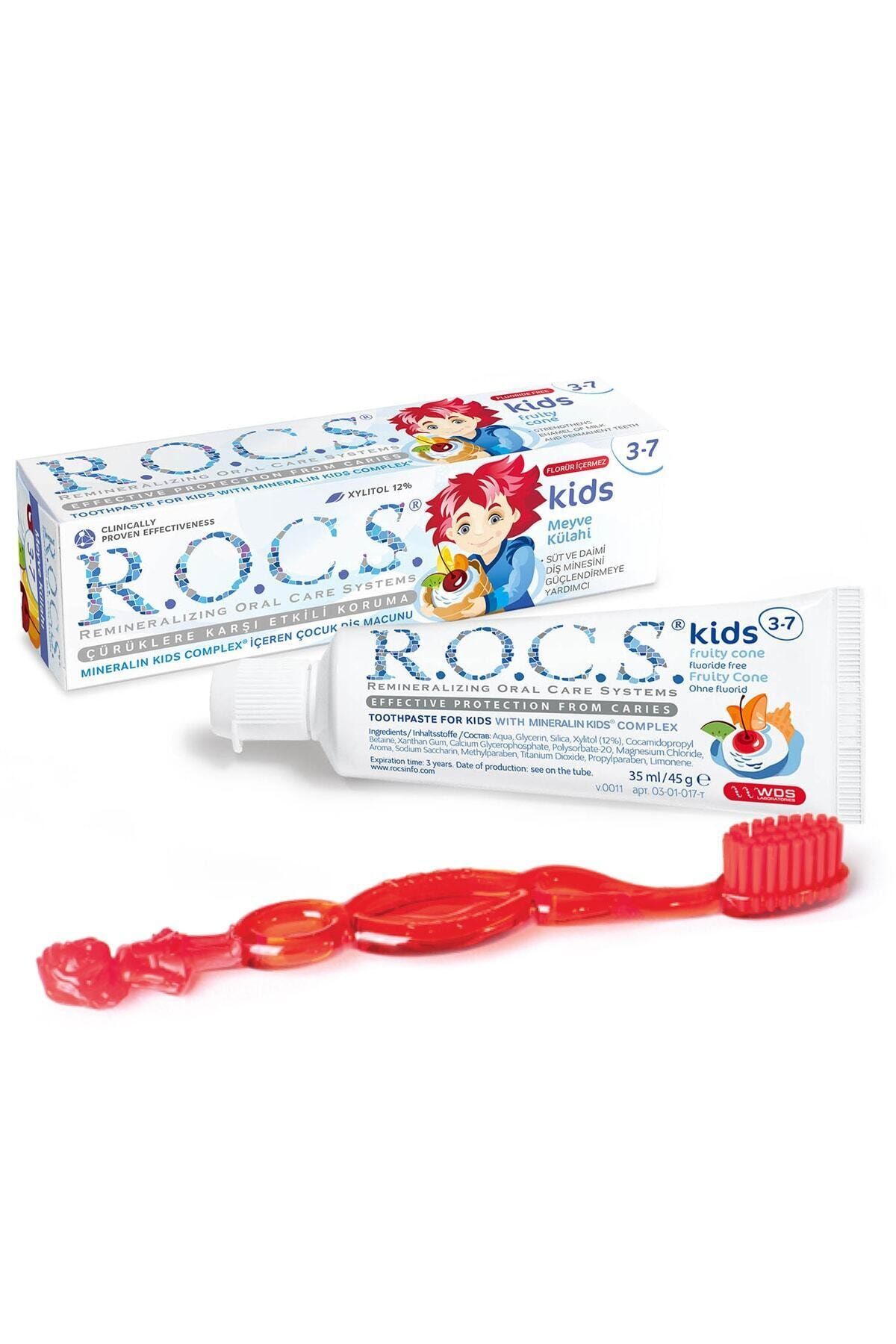 R.O.C.S. Kids 3-7 Yaş Meyve Külahı 35 ml Diş Macunu ve Fırçası Seti Kırmızı