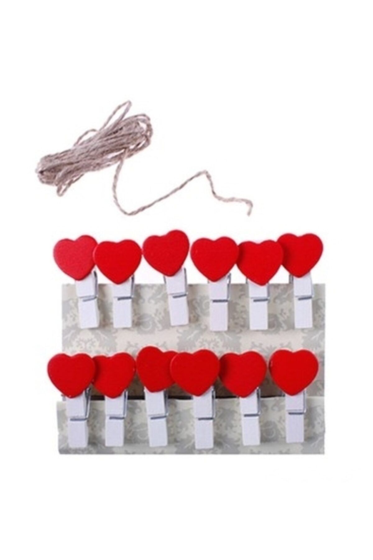Kezban Tekstil 10 Adet Kırmızı Kalpli Minik Ahşap Mandal Fotoğraf Asma Mandalı 3,5 Cm 1,5 Mt Jüt Ip